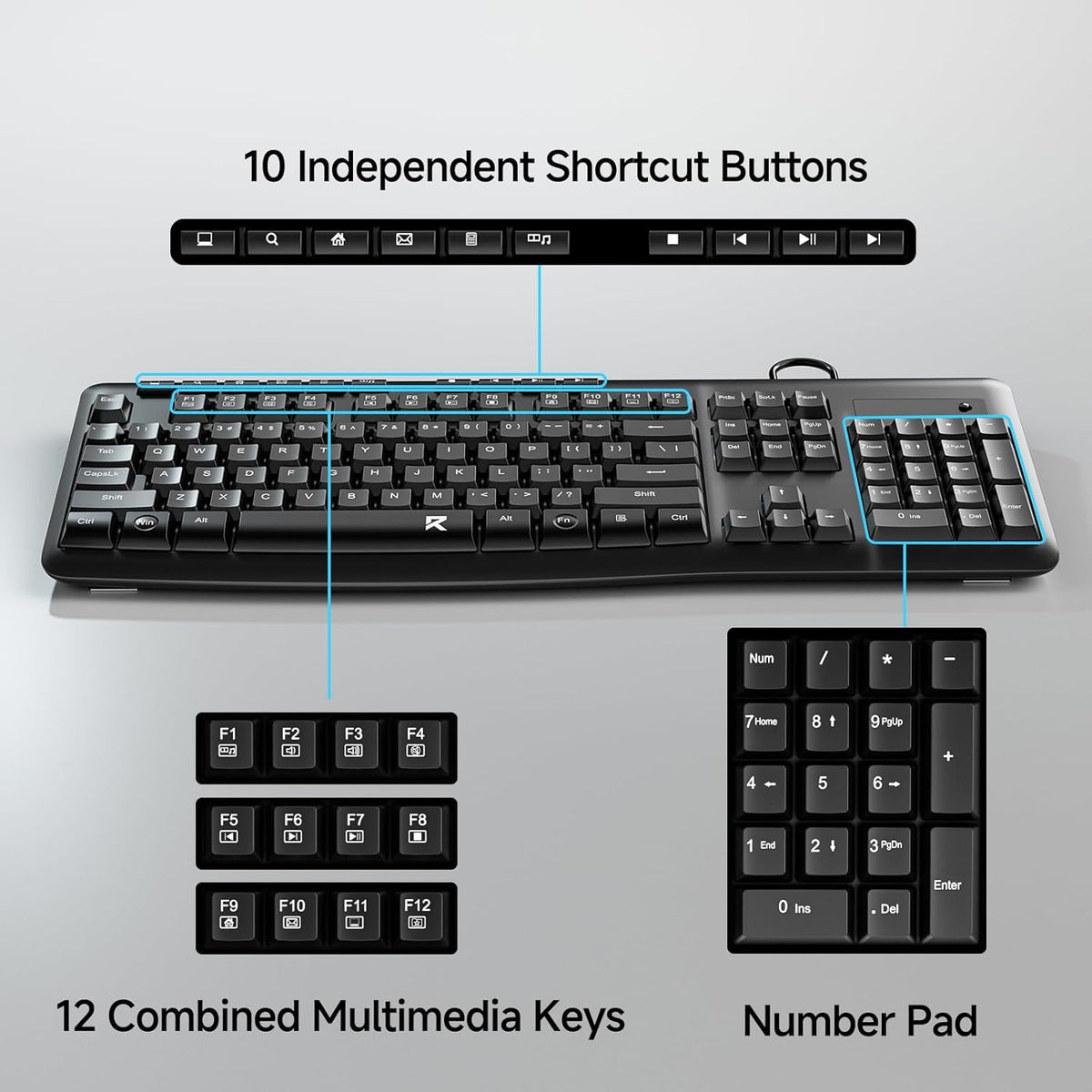 Redragon BK7366 Wired Keyboard,Multimedia USB Quiet Computer Keyboard,Silent Keyboard with Large Number Pad,Spill-Resistant,Anti-Wear Letters,Full Size for Laptop,Desktop