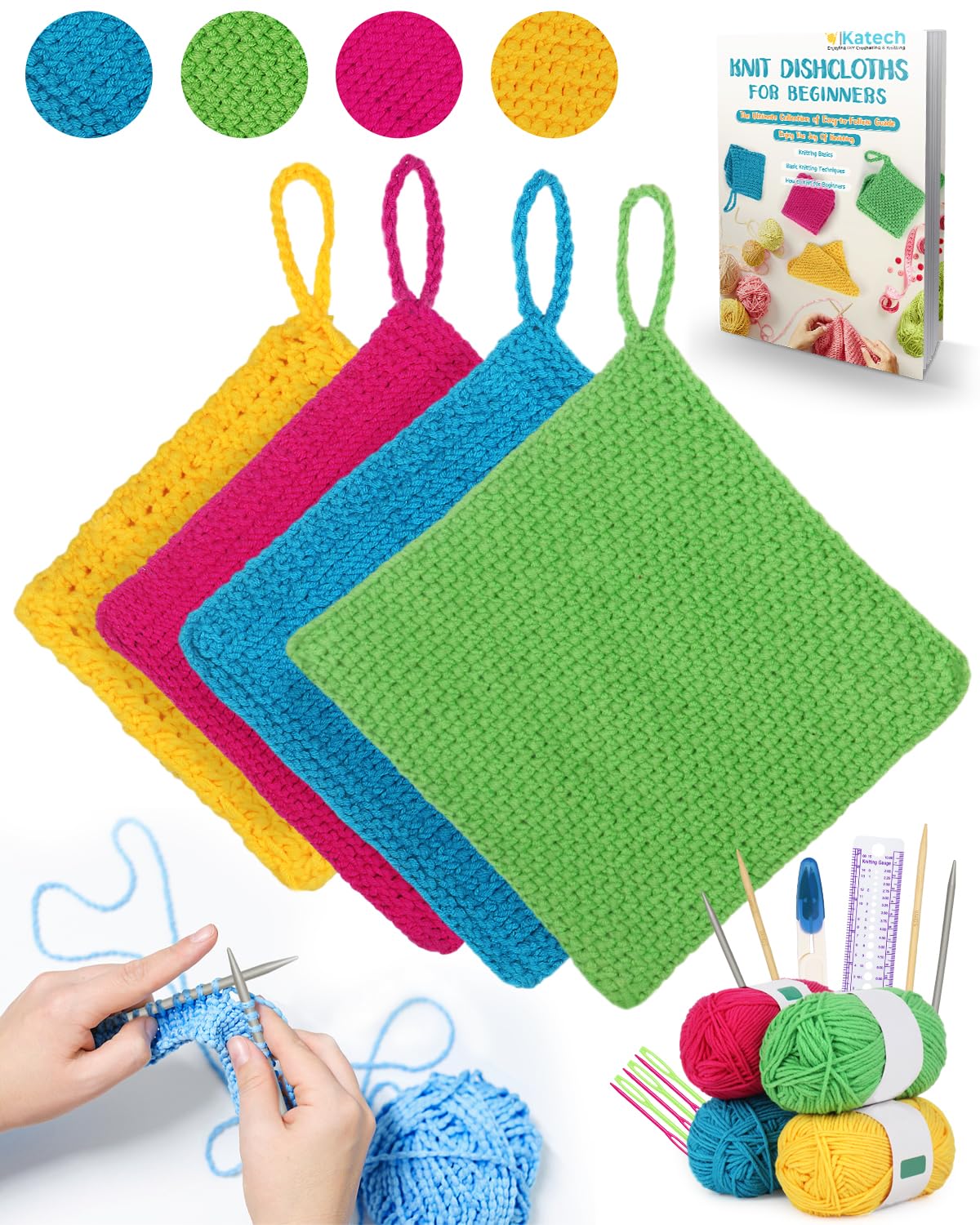 Katech Knitting Kit for Beginners-Learn to Knit Dishcloth-Beginner Knitting Kit for Adults with Knitting Book, Knitting Needles,Beginner Yarn, Yarn Needle, Craft Kits Gift (Beginner to Expert)