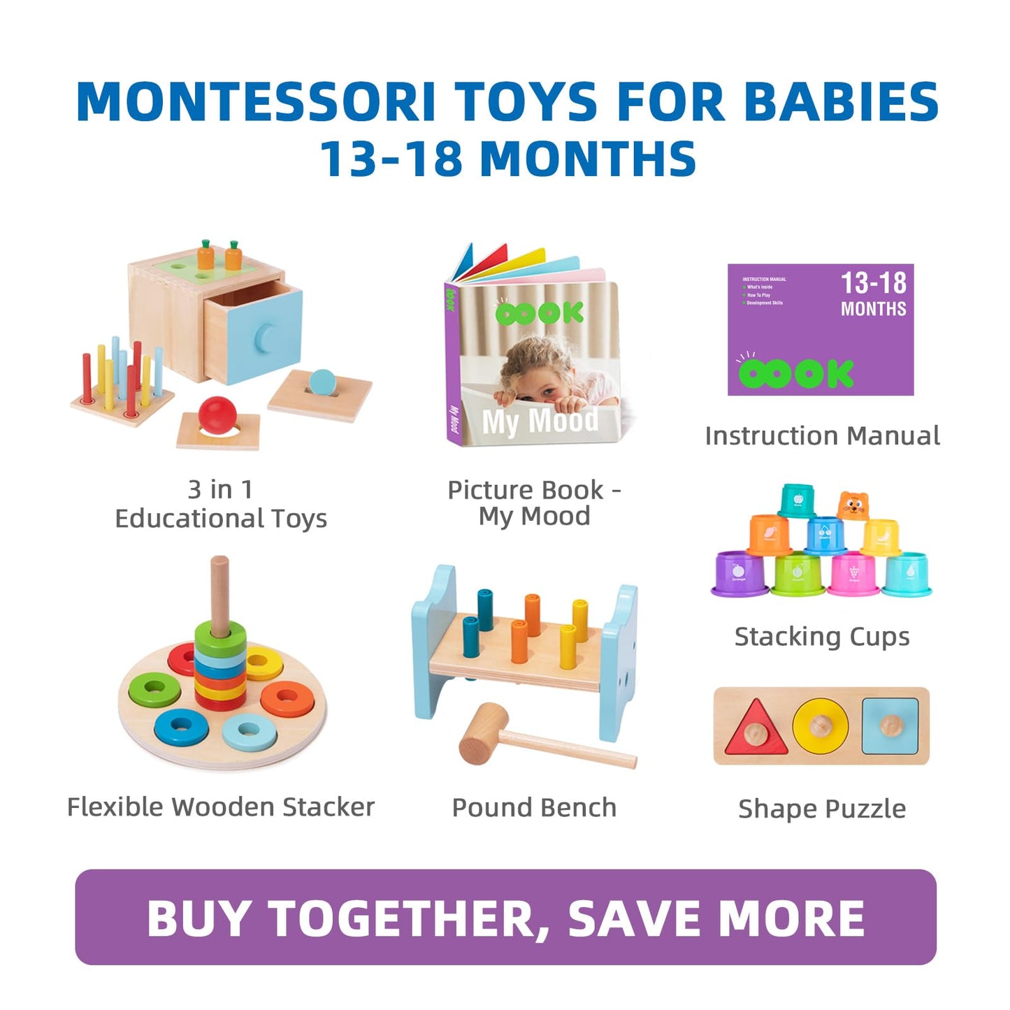 TOOKYLAND Montessori Toys for 1 Year Old, 8 in 1 Learning Educational Set Wooden Toys (Includes Stacking Cups, 3-in-1 Educational Box, Pound Bench, Shape Puzzle and More)