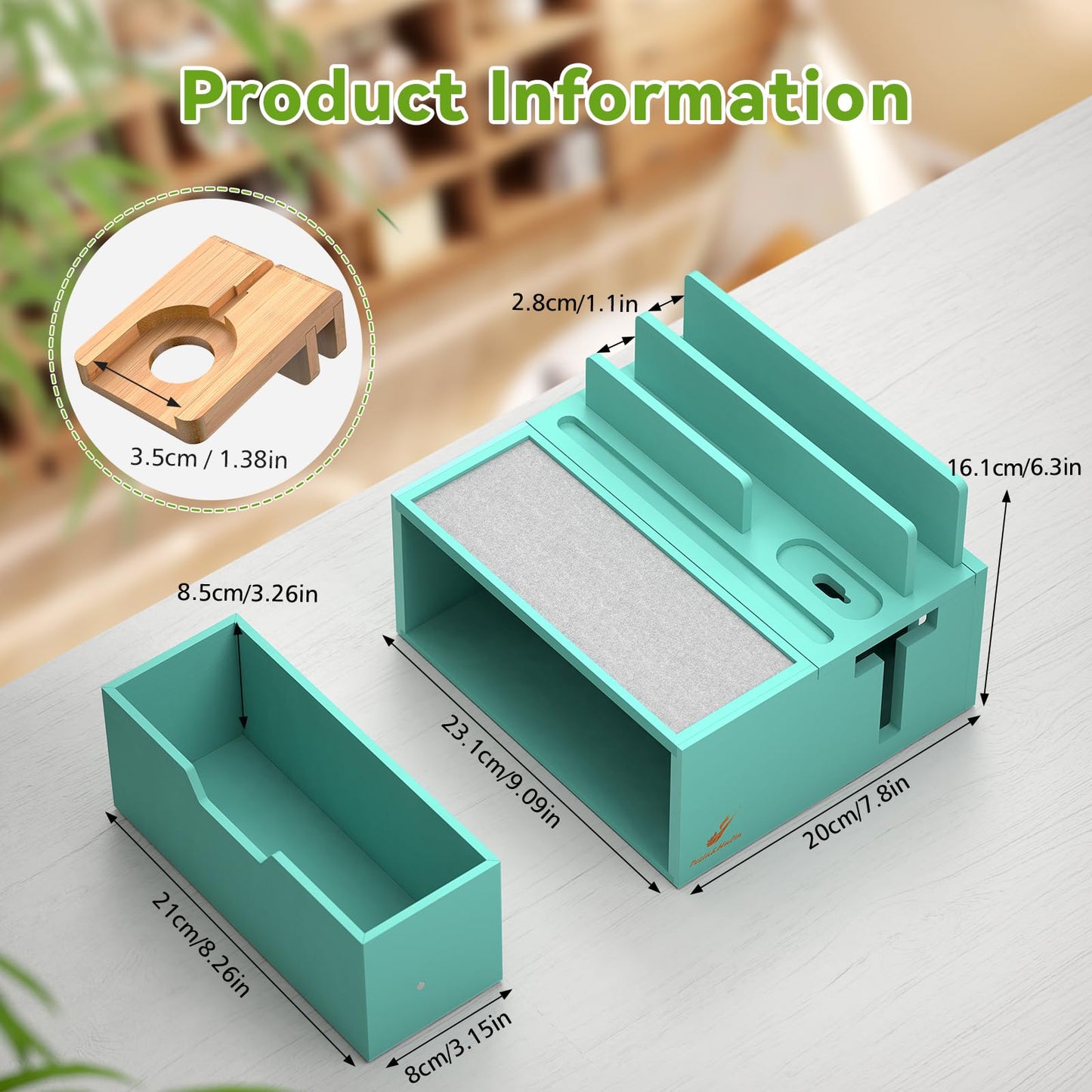 Pezin & Hulin Bamboo Charging Station for Multi Device, with Power Charger & Cables, Nightstand Docking Stand with Felt Pad Tray & Drawer, Compatible with Tablet, Cell Phone, Smart Watch-Teal