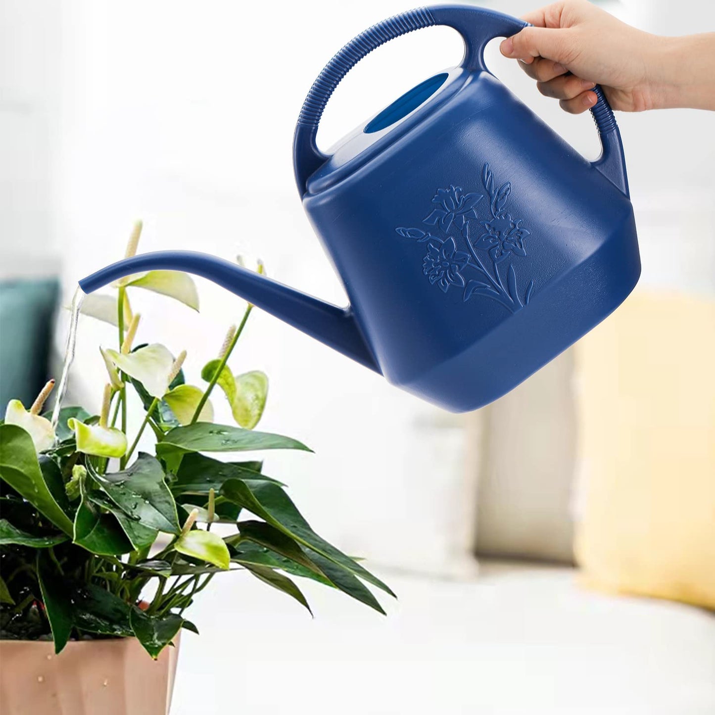 Fasmov 1-Gallon Plastic Watering Can with Comfortable Handle, Garden Watering Cans Long Spout for Indoor Outdoor Watering Plants, Blue