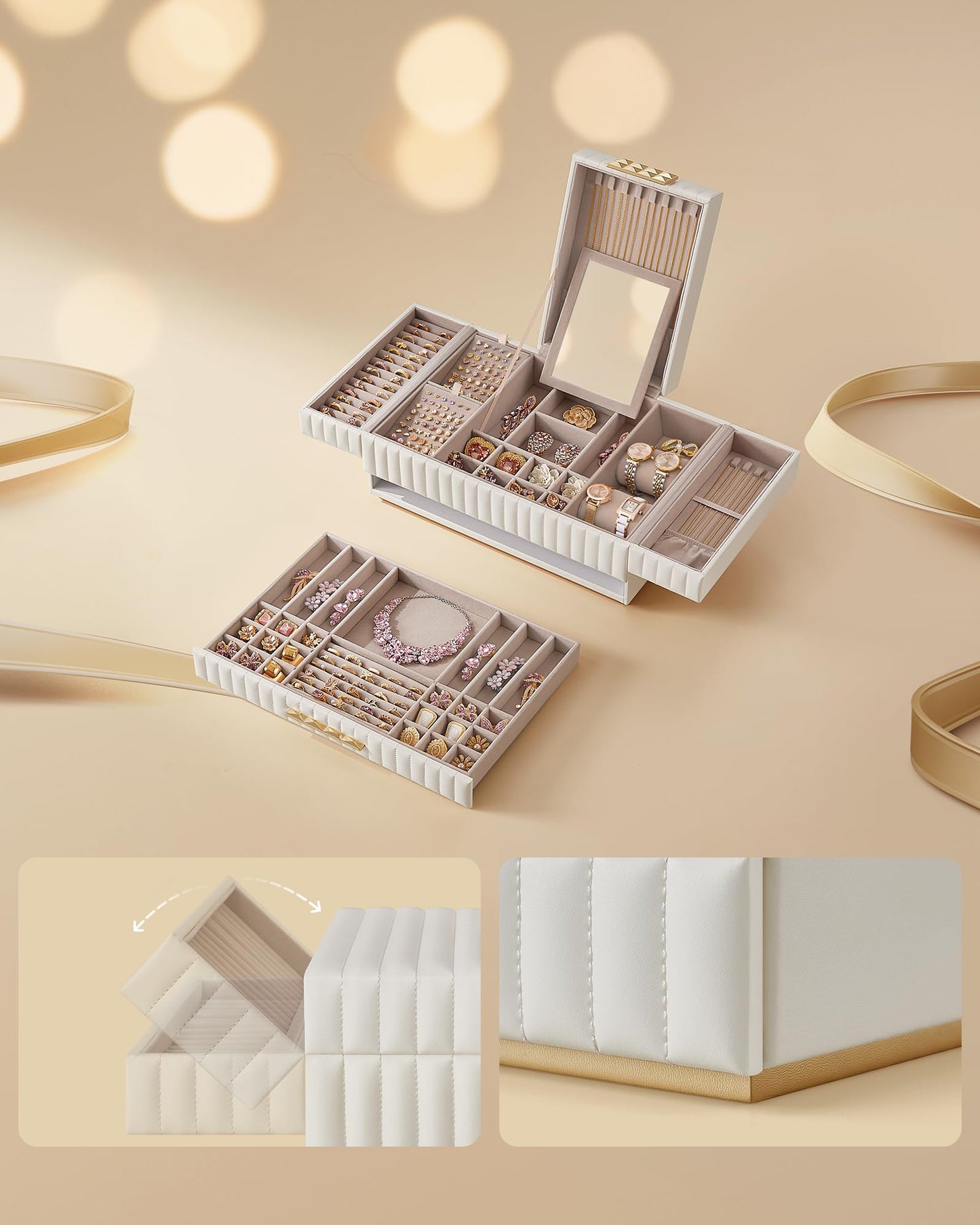 SONGMICS HOME Large Capacity Jewelry Box with Mirror, Jewelry Organizer with a Drawer, PU Surface with Stitching, 10.6 x 15 x 6.3 Inches, Cloud White, ANAH Collection UJBC184W01