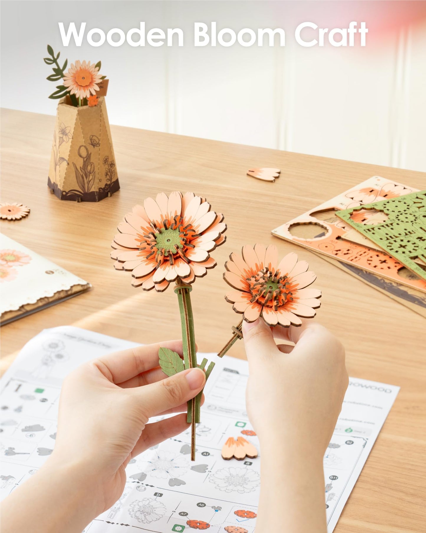 rowood 3D Puzzles for Adults,Mother's Day DIY Wooden Flower Building Set Craft Kits,Botanical Collection Home Decor, Teacher's Day/Christmas/Birthday Gift- Orange Gerbera Daisy
