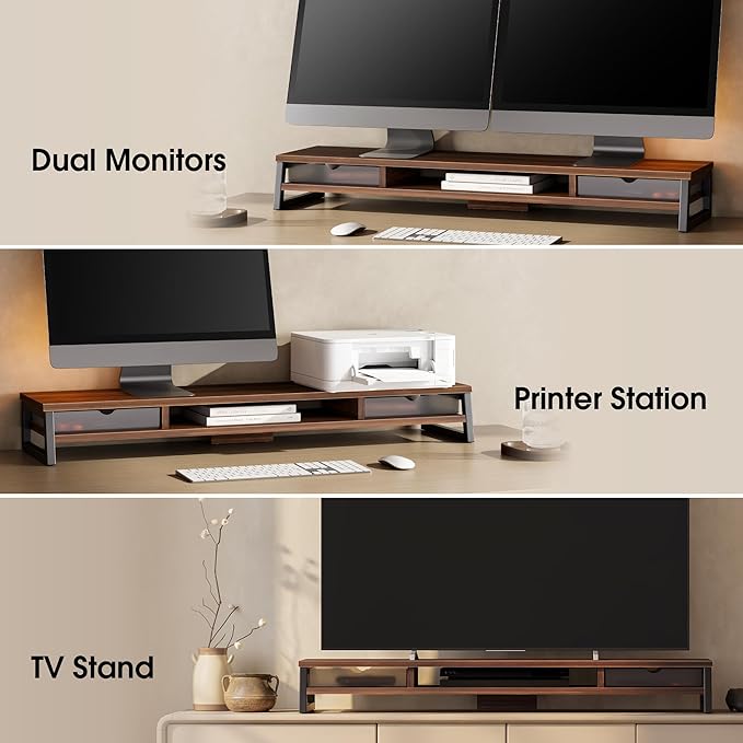Fenge Dual Monitor Stand, Monitor Riser with Drawer, 42.5 Inch Large Computer Monitor Stand for 2 Monitors, 2 Tier Wooden Desk Shelf for Top of Desk