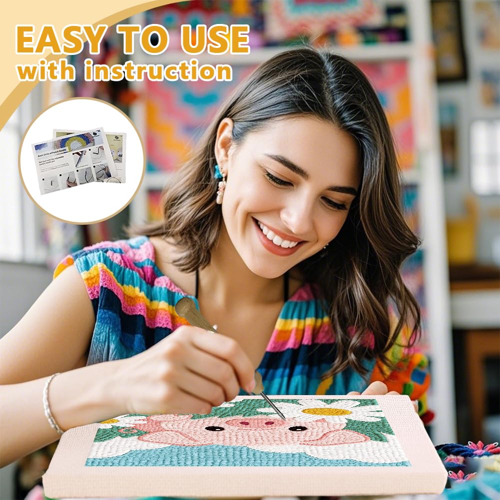 Doodlream Flowers Pig Needle Kit for Beginner, 9.4"x 9.4" Pig in Daisy Field Punch Stitching Craft Set, Color DIY Embroidery Starter with Printed Frame, Instruction, Threader, Yarn, Pinch Needle