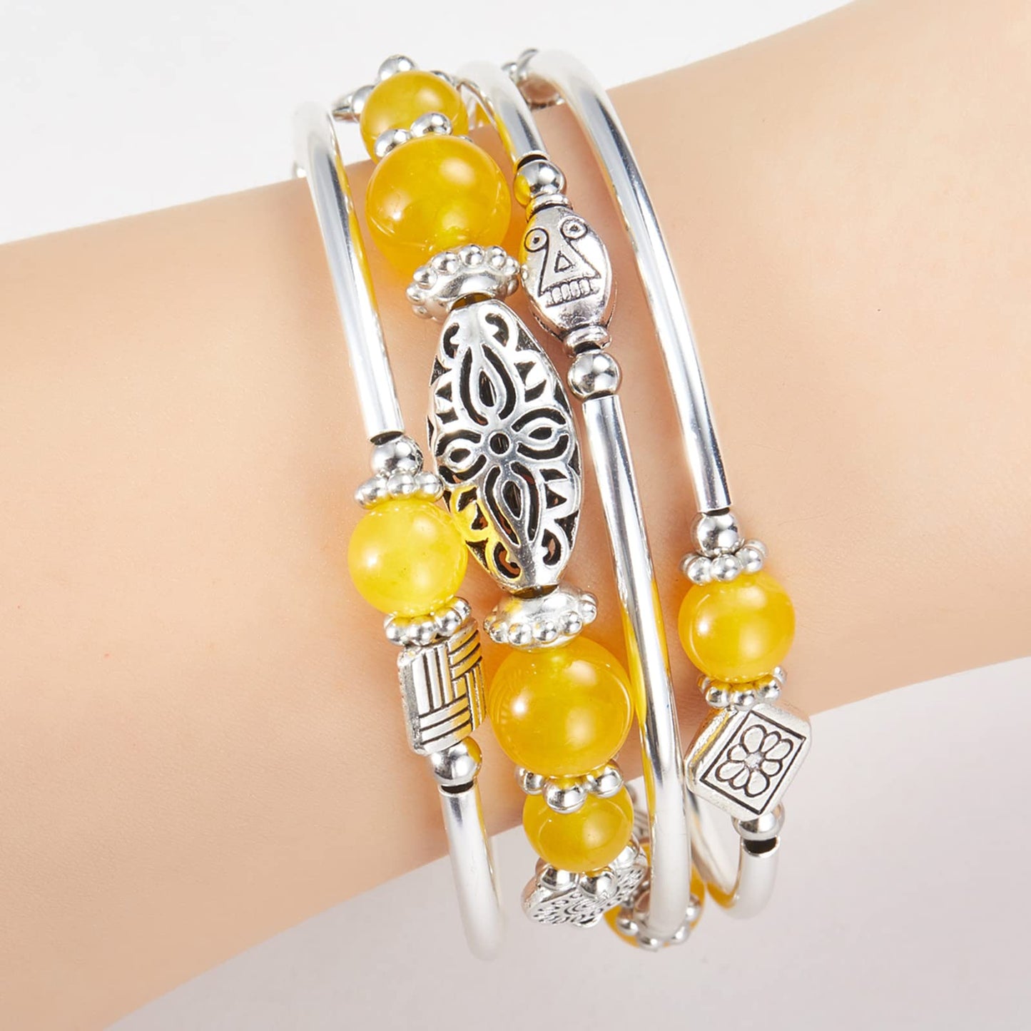 BULINLIN Layered Wrap Bangle Turquoise Bracelet - Bead Bracelet with Natural Agate Stone, Gifts For Women (03-Yellow)