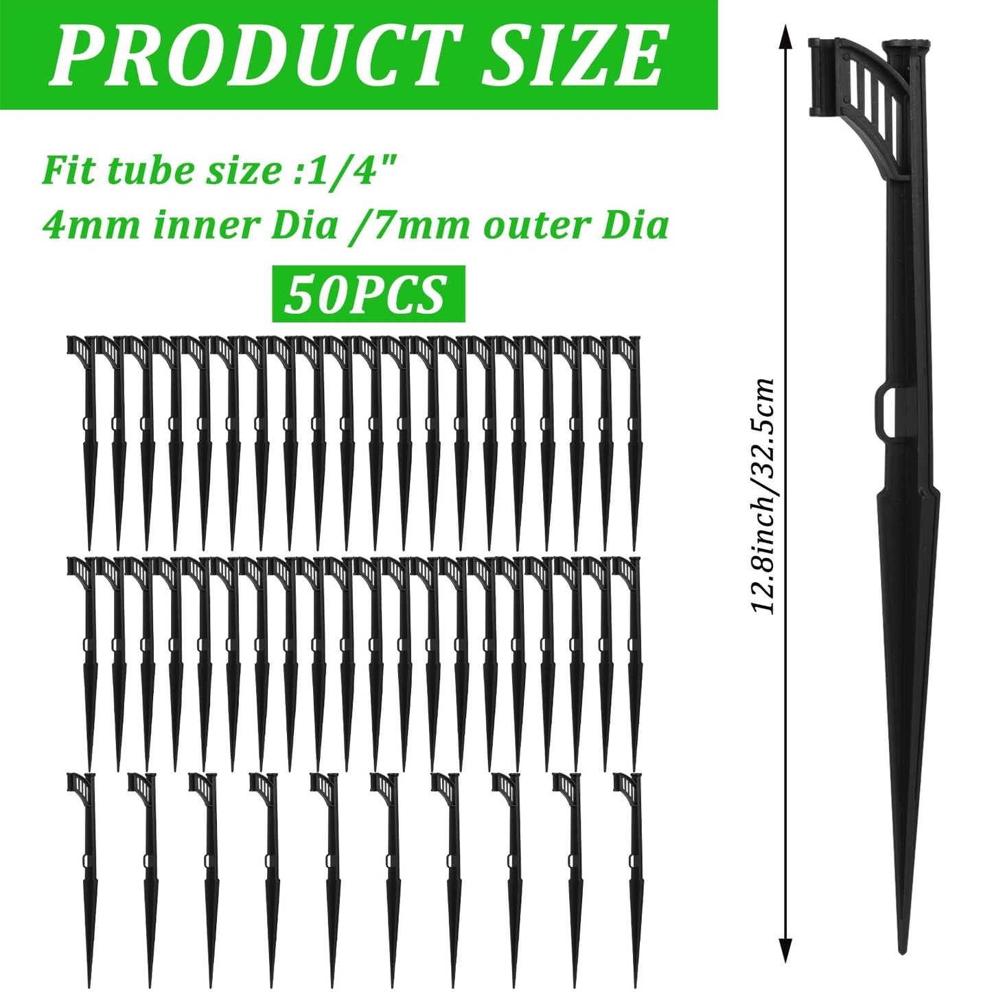 50 Pcs 12.8" Irrigation Drip Support Stakes 1/4 Inch Drip Irrigation Stakes for 1/4 Inch Drip Irrigation Tubing Hose Holder Drip Irrigation Support Stakes for Gardens Irrigation Supplies