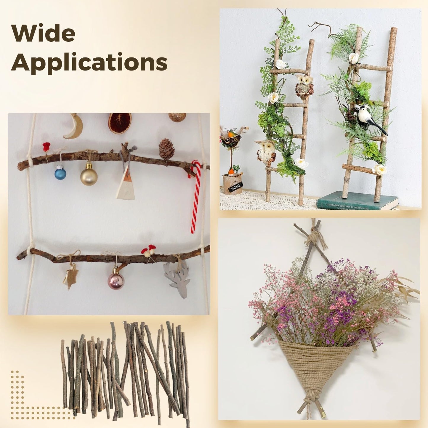 60 Pcs Natural Apple Wood Craft Sticks, Rustic Branches for Decor, Irregular DIY Art Supplies, Assorted Lengths 7.8 in/20 cm and 11.8 in/30 cm, Sturdy Wooden Sticks for Projects