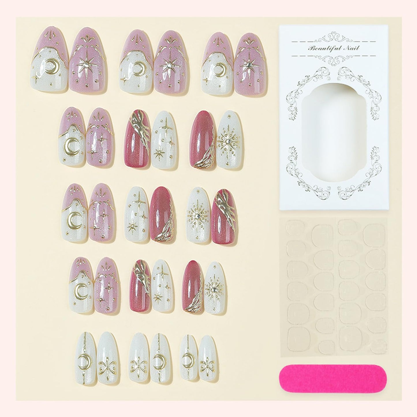 30Pcs Gold Star Moon Press on Nails Medium Length Almond Fake Nails Press on 3D Rhinestone Design Gilded Line French False Nails Glitter Full Cover Chrome Gold Glossy Artificial Glue on Nail for Women