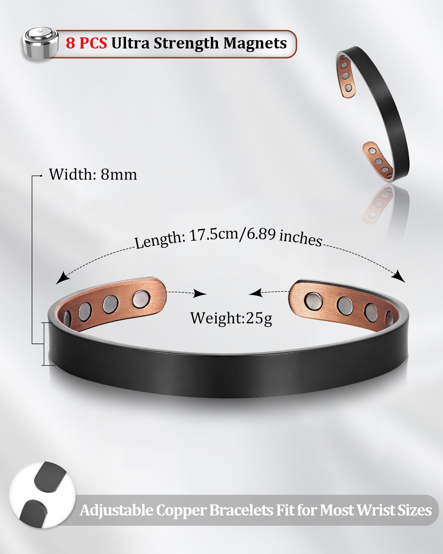 BioMag 2Pcs Copper Bracelets for Women Men, 99.99% Pure Copper Cuff Bangle with 8 Pcs Magnets with 3500 Gauss Magnets, Adjustable Size, Simple and Stylish Design