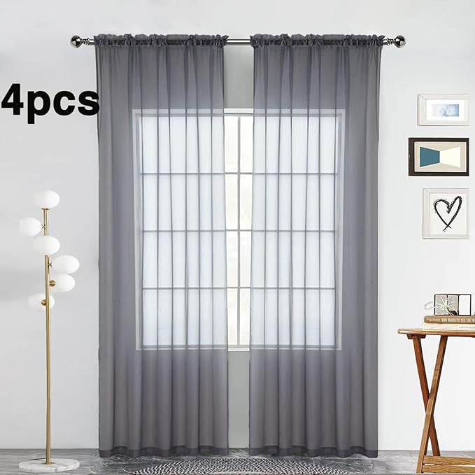 SpaceDresser Grey Sheer Curtains 4 Panels Rod Pocket Semi-Sheer Curtain 72 Inches Long Light Filtering Voile Window Drapes for Bedroom Living Room Kitchen, Each 52W x 72L