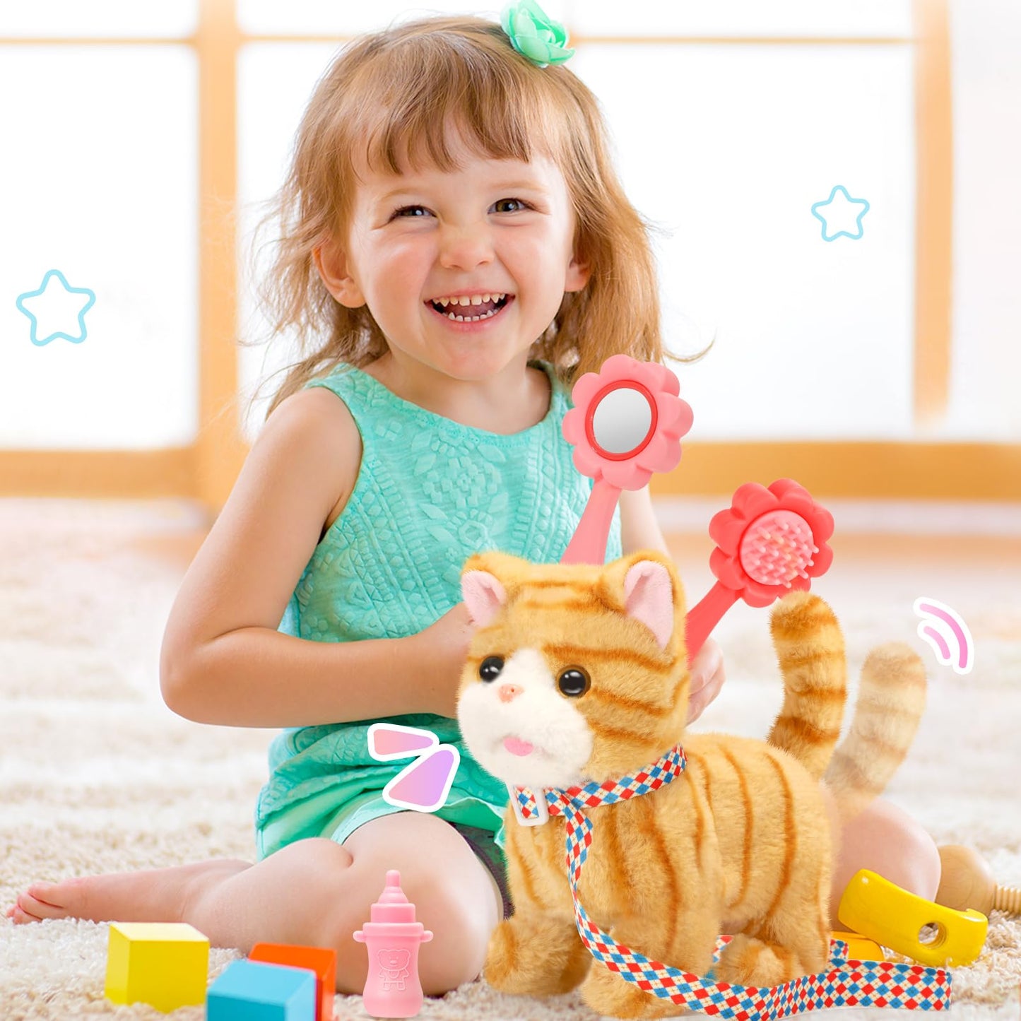 CatchCute Plush Toys Cat for Kids with Leash, Interactive Electronic Kitty That Walking,Meowing, and Tail Wagging, Stuffed Cat Christmas Birthday Gift for Boys and Girls