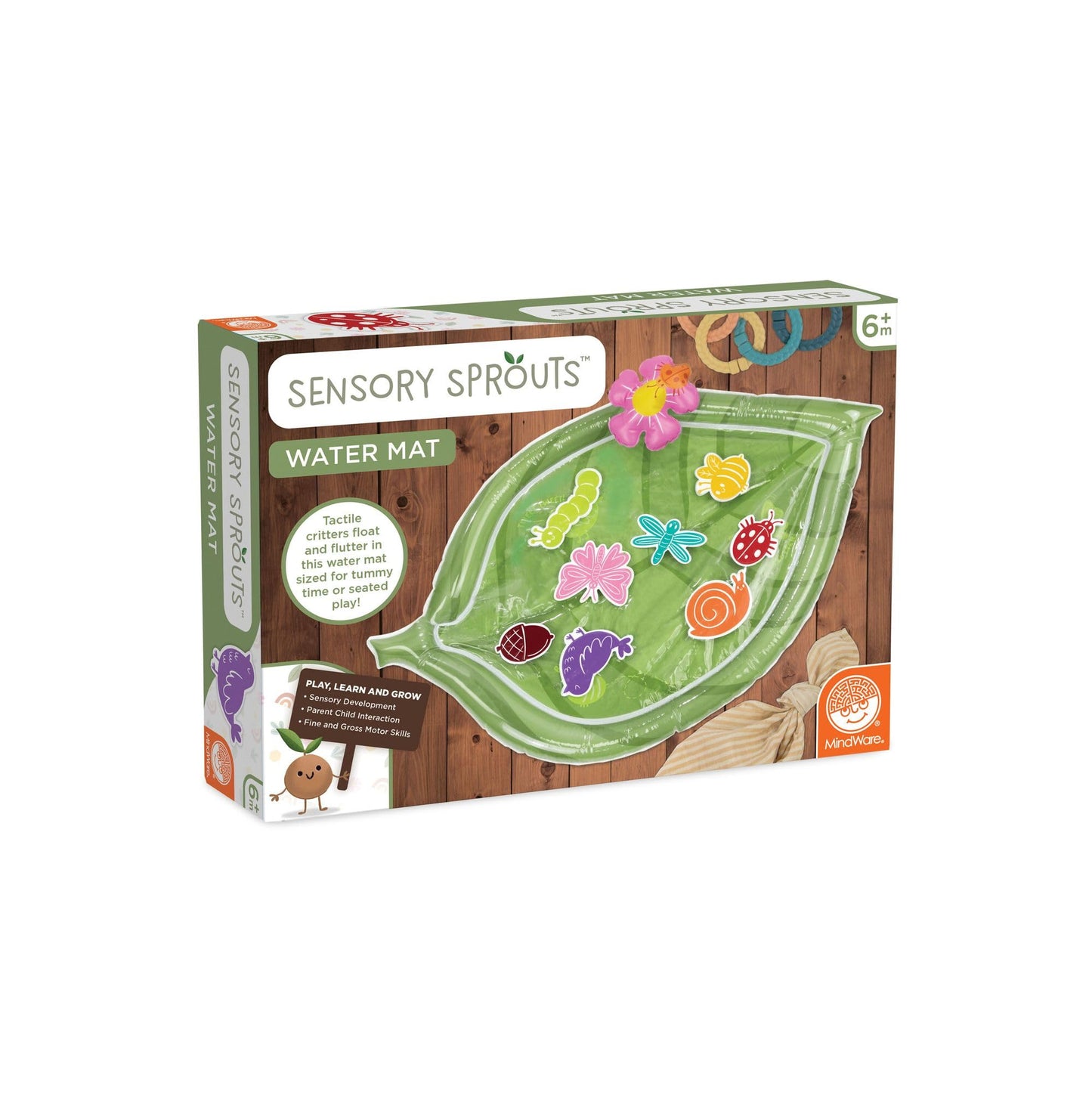 MindWare Sensory Sprouts Baby Water Mat, Inflatable Leaf-Shaped Tummy Time Play Mat with Floating Bugs for Sensory Play, Visual Tracking and Neck Strength Development for Babies 6 Months and Up