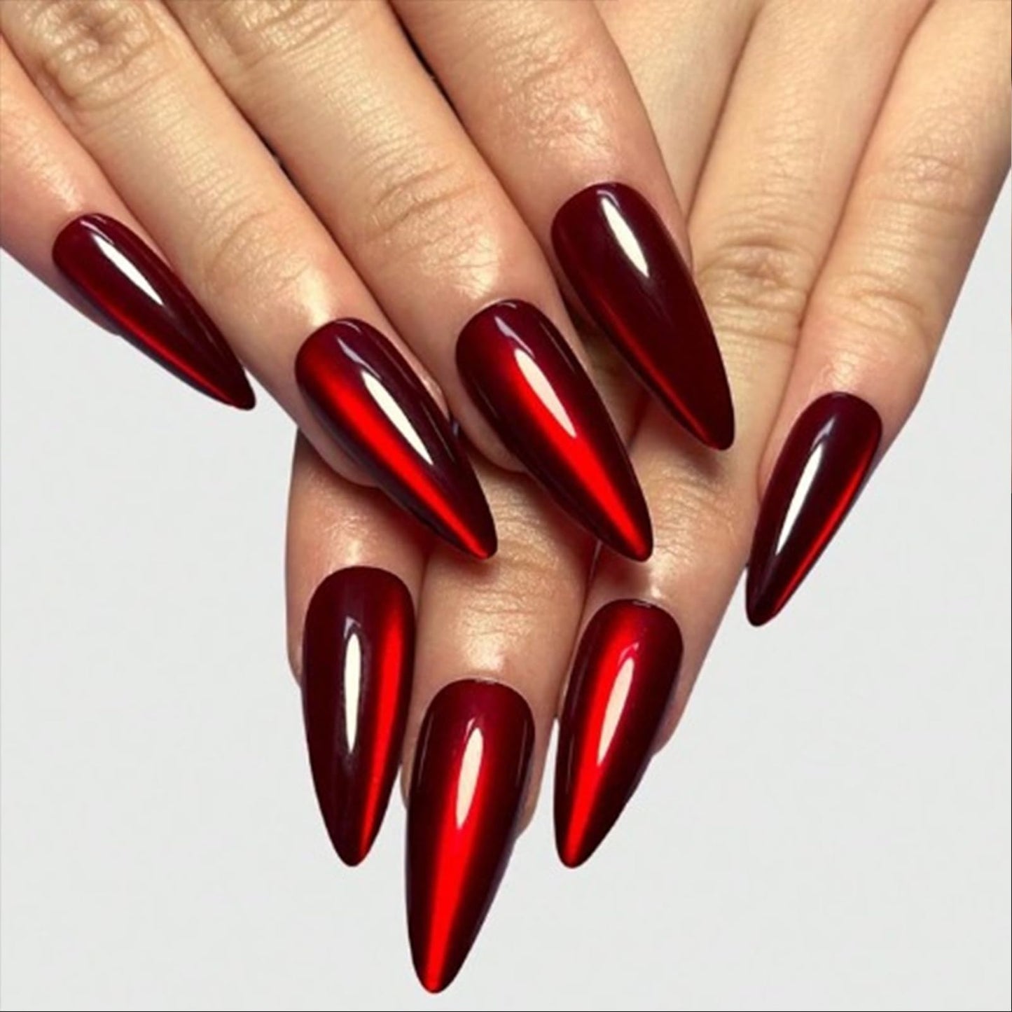 Red Press on Nails Long Almond Fake Nails Halloween False Nails with Design Red Cat Eye Glue on Nails Full Cover Stick on Nail Shiny Glitter Artificial Acrylic Nail for Women Manicure 24Pcs