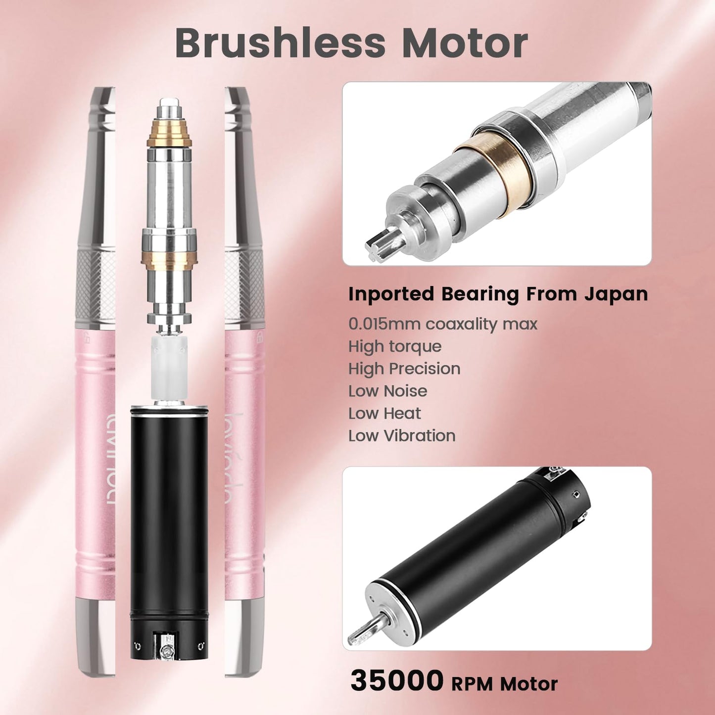 Lavinda Professional Rechargeable Nail Drill Machine, Cordless 35,000RPM Skyspace Brushless Nail Drill, Portable Electrical Nail File for Acrylic Nails with Protective Case, Rose Gold
