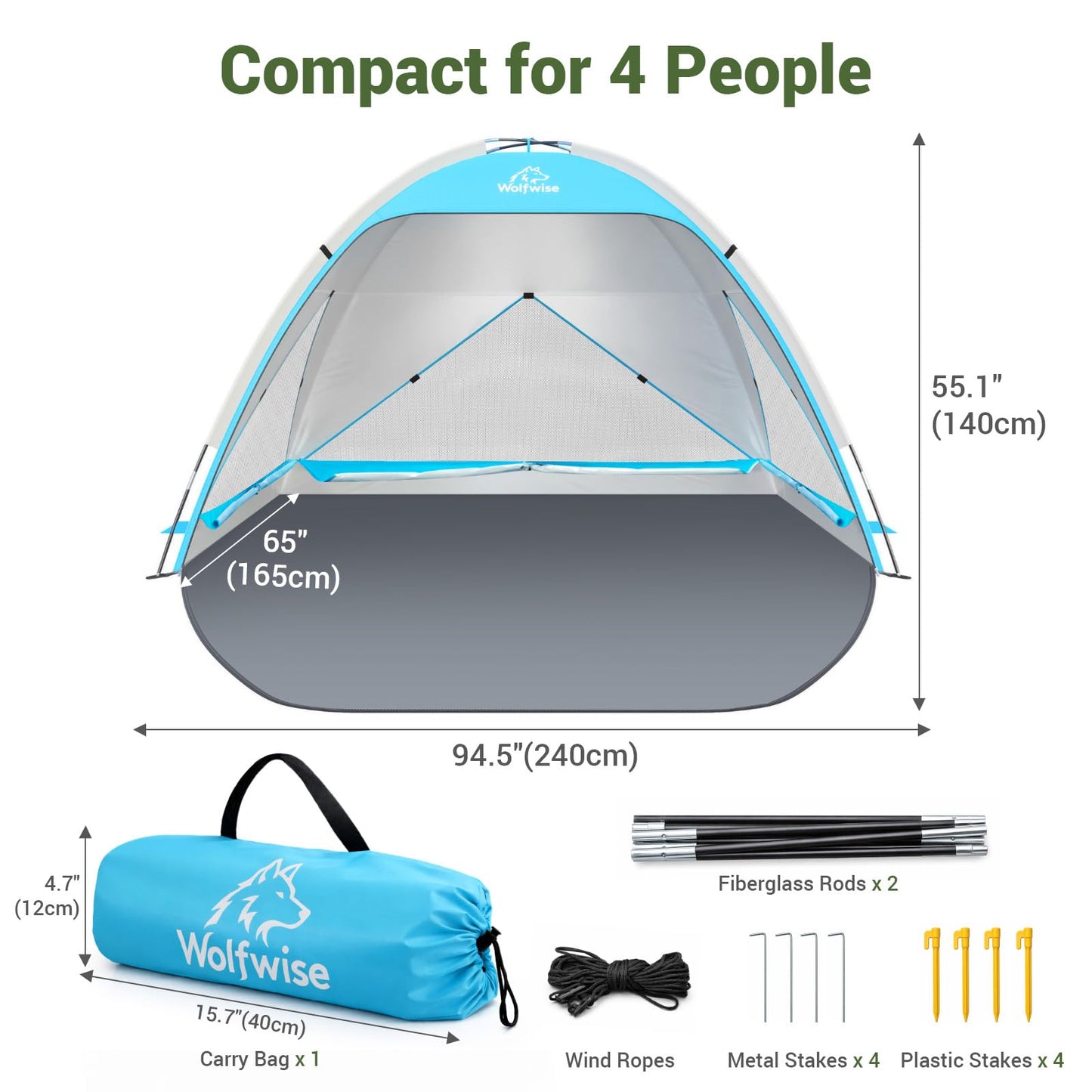 Wolfwise Large Beach Tent Sun Shelter for 3-4 Person, Spacious Sun Shade UPF 50+ UV Protection, Extendable Floor for Privacy, 3 Ventilated Mesh Windows, Portable with Carrying Bag, 95 ″x65″x55″, Blue