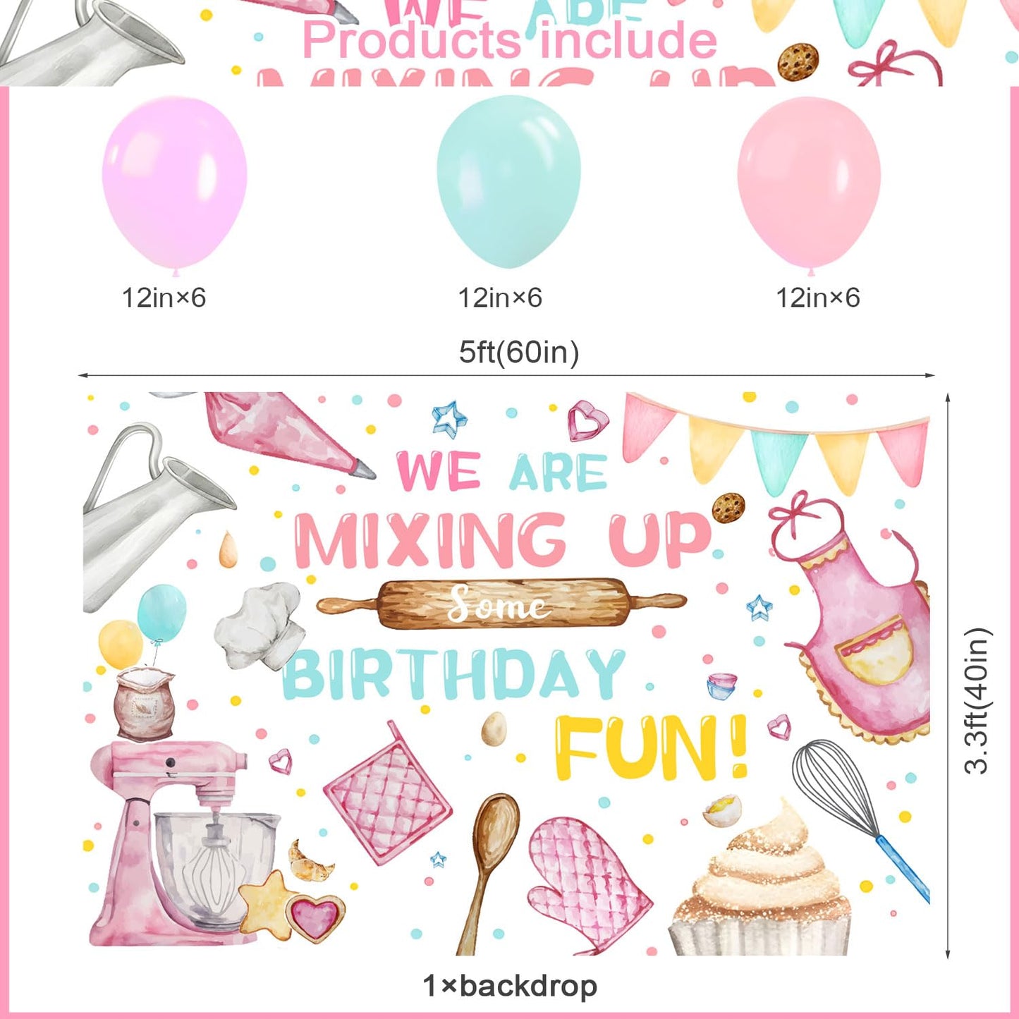NlSIFU 59 Pcs Baking Birthday Party Supplies, Baking Themed Decorations with Backdrop, Banners, Balloons, Cake & Cupcake Toppers in Pink