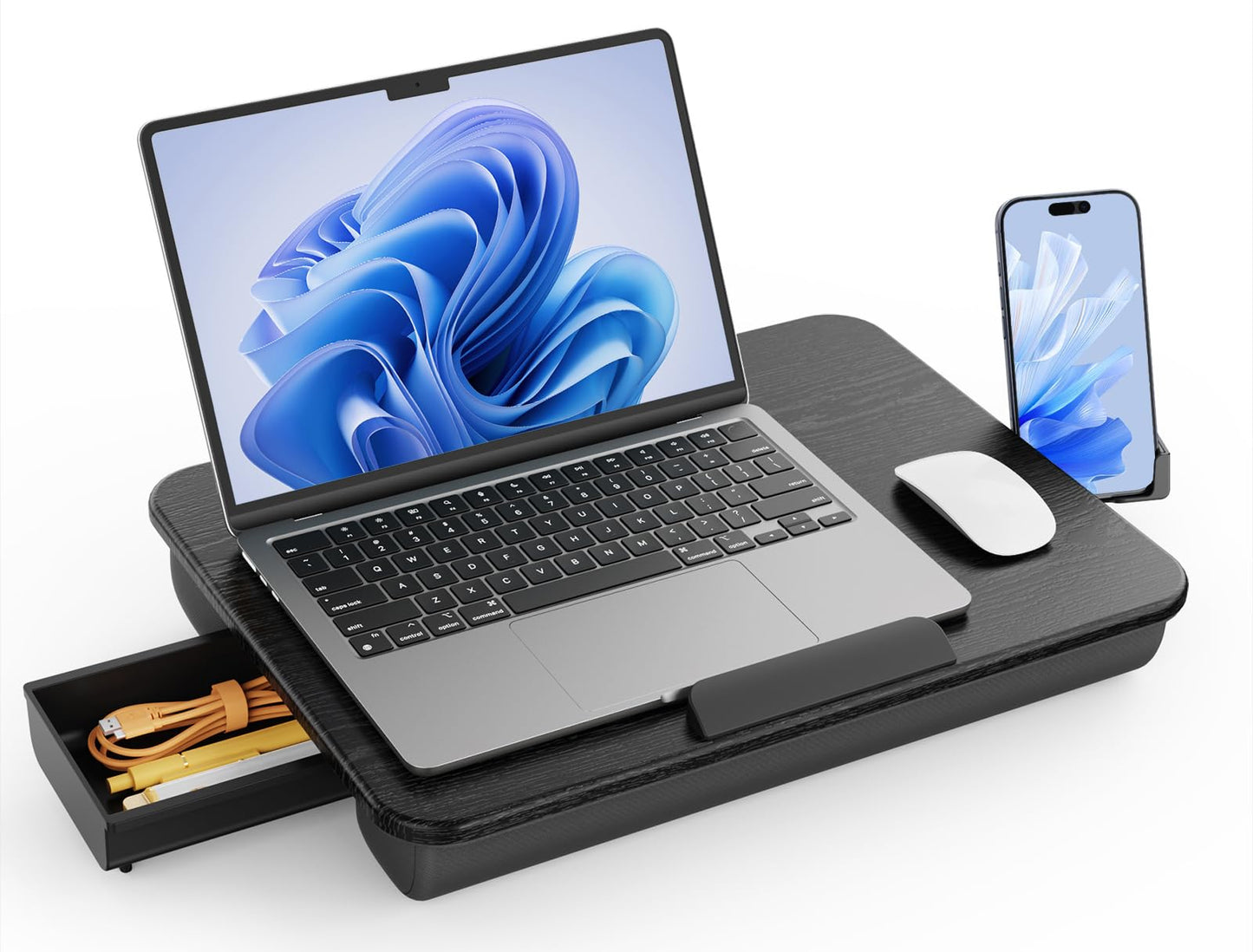 SAIJI Laptop Lap Desk, Portable Laptops Tray with Cushion, Drawer Storage, Phone Holder, 12mm Thickened Panel,Carry Handle, Computer Laptop Stand for Bed Fits Up to 15.6 Inch Laptops