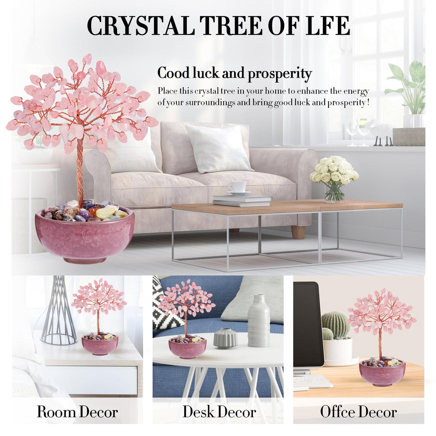 Handcrafted Rose Quartz Abundance Tree with Ceramic Base,5 Inch Natural Crystal Feng Shui Bonsai for Prosperity,Harmony & Energy Flow,Premium Healing Stone Decor for Home & Sacred Spaces