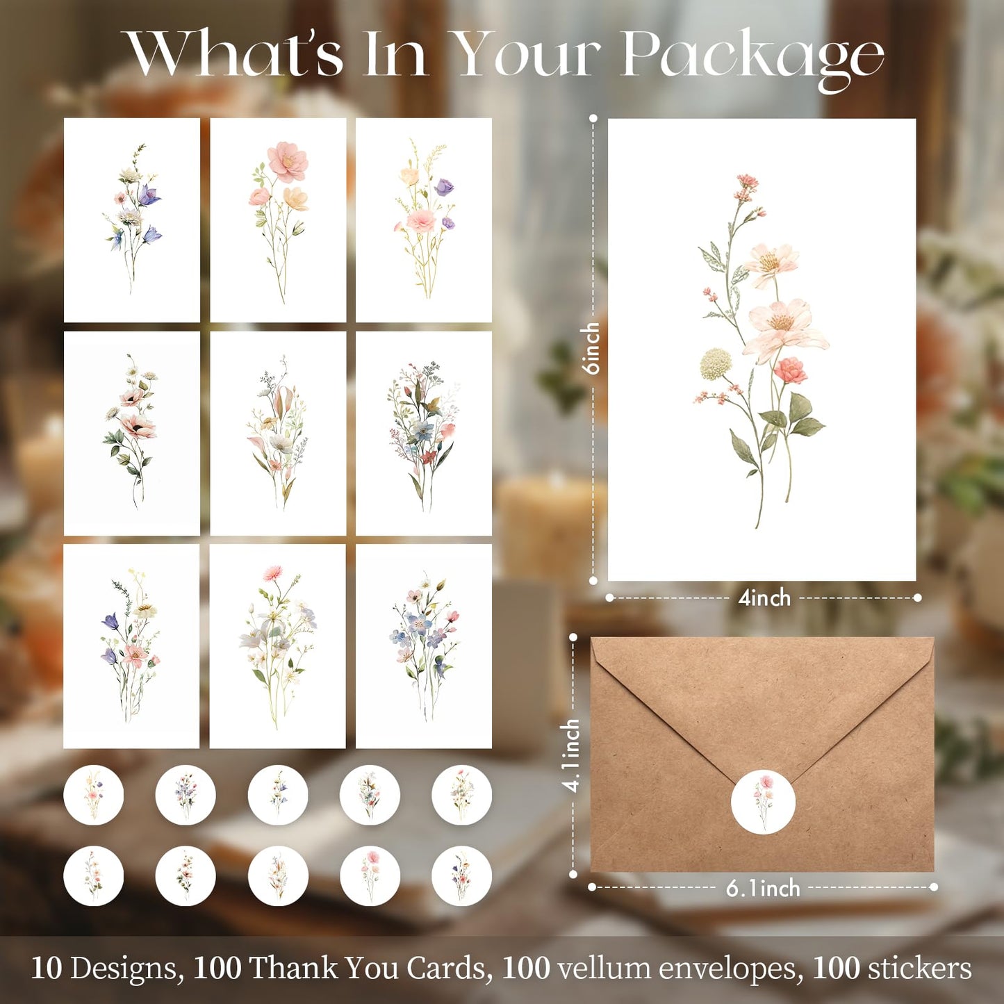 XXINMOH 100 PACK Blank Cards with Envelopes, Blank Greeting Cards 4x6, Beautiful Blank Greeting Cards, Elegant Floral Note Cards with Peel-and-Seal Envelopes, Empty Stationary Set For All Occasions