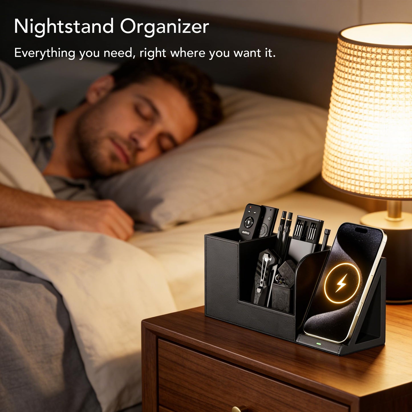 GORESE Desk Organizer with Charging Station, PU Leather Desktop Organizers with Phone Charging Stand for Office Home Nightstand, Practical Gifts for Men Who Want Nothing, Black