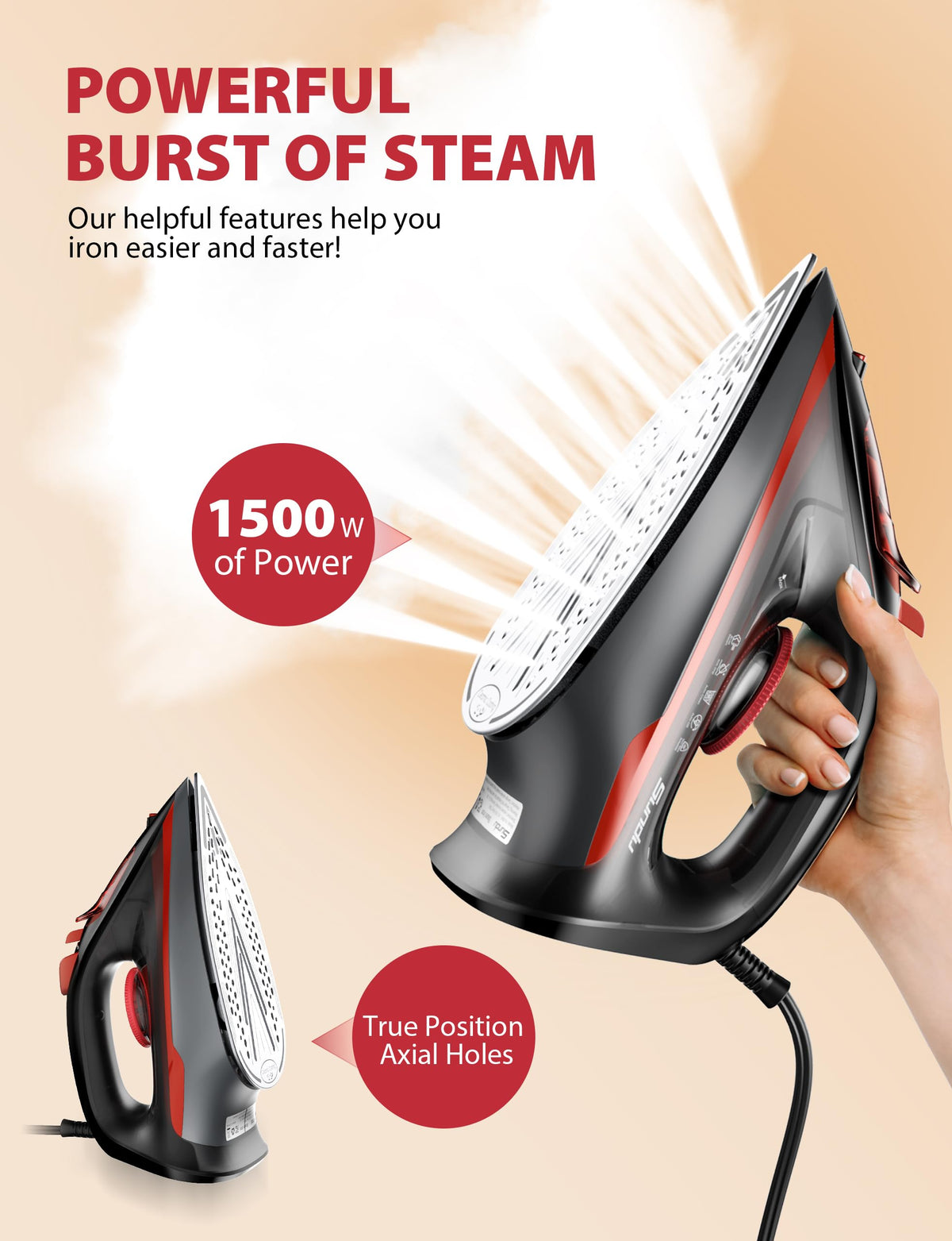 1500W Steam Iron with Ceramic Soleplate & Auto