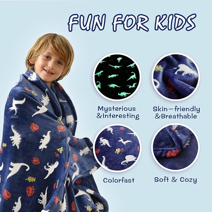 SOCHOW Glow in The Dark Throw Blanket 60 x 80 Inches, Jurassic Dinosaur Pattern Soft Cozy Flannel Fleece Blanket for Sons Daughters, All Seasons Navy Blue Presents Blanket for Preteens Teens