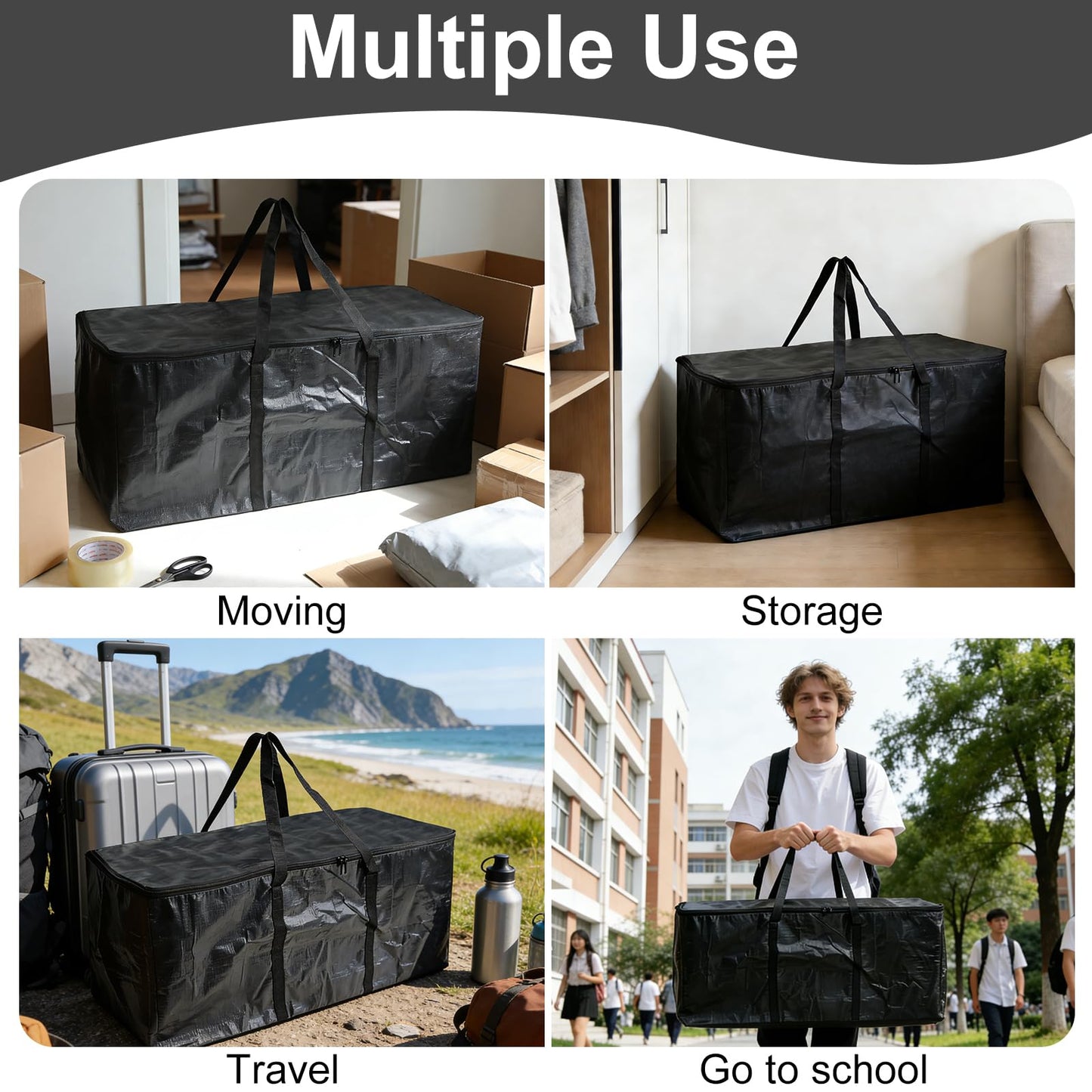 Demao Black Large Moving Bags-6 Pack,Heavy Duty Storage Bag with Handles & Zippers,Foldable Moving Tote Storage Boxs for Clothes,Relocation,College Dorm & Travel Storage-Moving Essentials