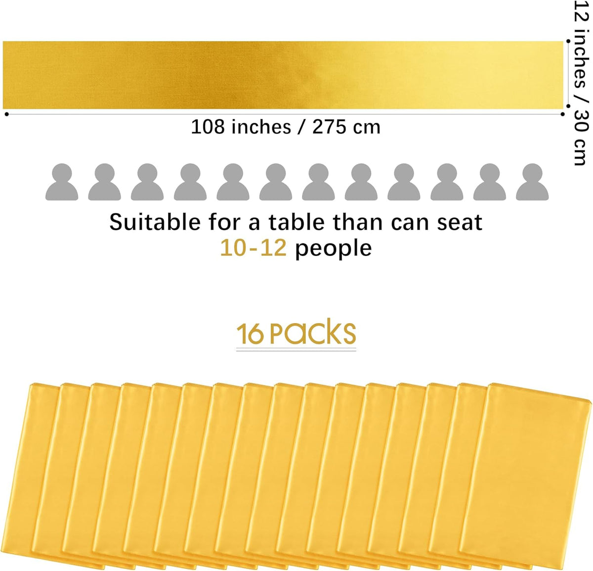 Aneco 16 Pack Satin Table Runner 12 x 108 Inch Gold Long Wedding Satin Silk Table Runner for Wedding Banquet Graduations Birthday Party Decoration