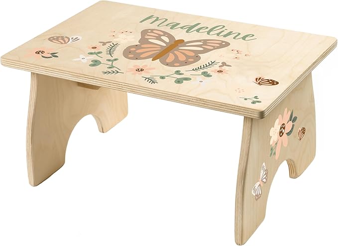 Step Stool for Toddlers- Personalized Wood Kids Step Stool with Name for Kitchen Sink, Bathroom, Potty Training, Toilet, Kitchen Sink- Sturdy and Safe- Made in USA by BloomOwl (Butterfly)