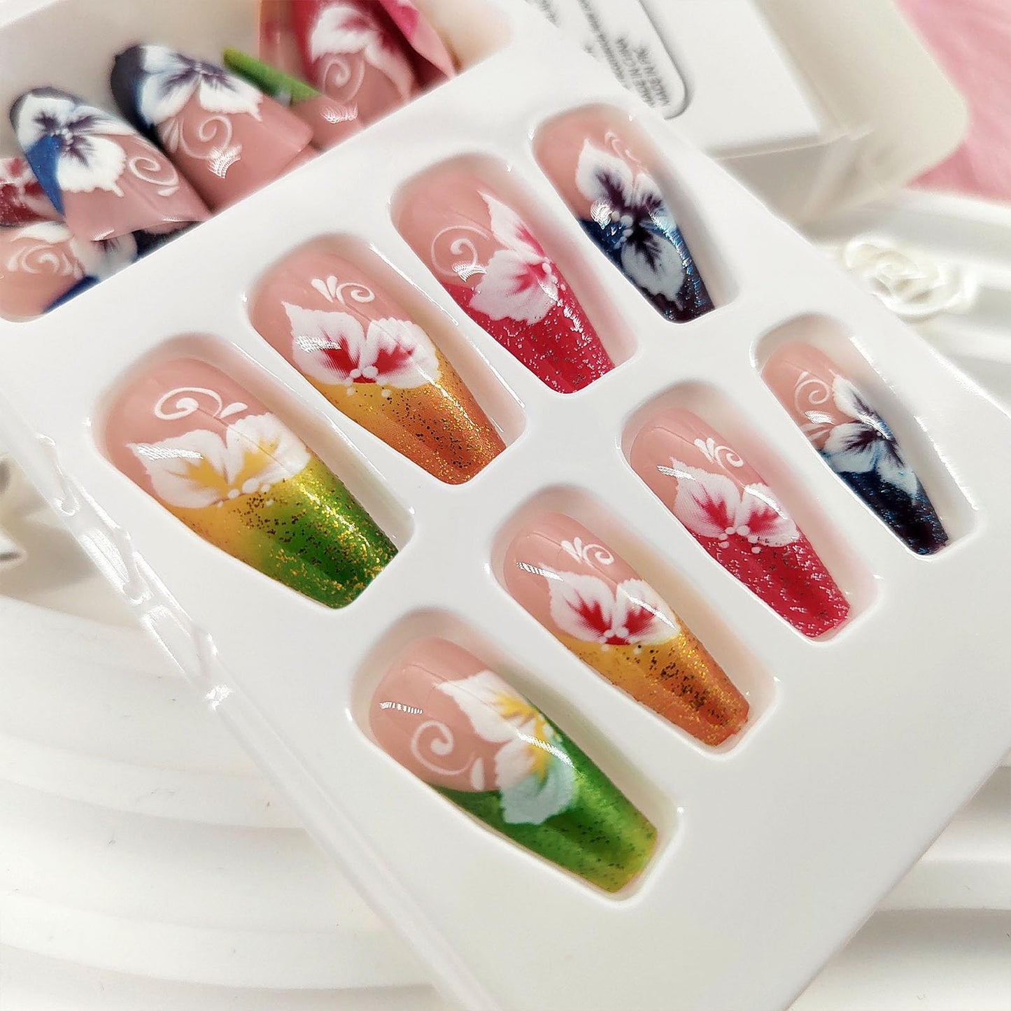 TUZANDW Coffin Press-on Nails with Glue - Flower Designs, Medium Length, Candy Colors, Glitter French Acrylic, Pink, Full Cover False Nails - 24 Pcs