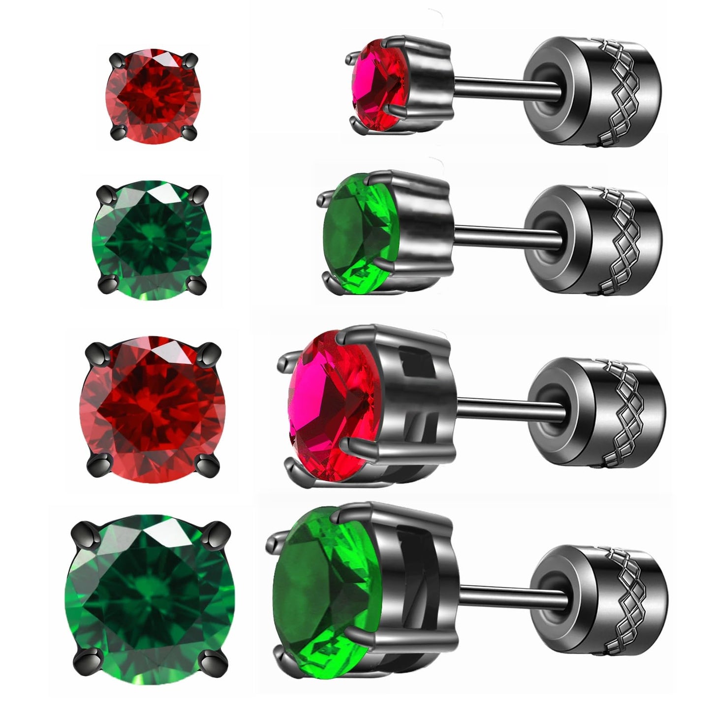 Hopply 4 Pairs Titanium Screw Back Surgical Stainless Steel Earrings for Women Men,Rainbow 5A Cubic Zirconia Studs Double Side Earrings Piercing Sleeper Jewelry 6mm (Red/Green CZ 3-6mm)