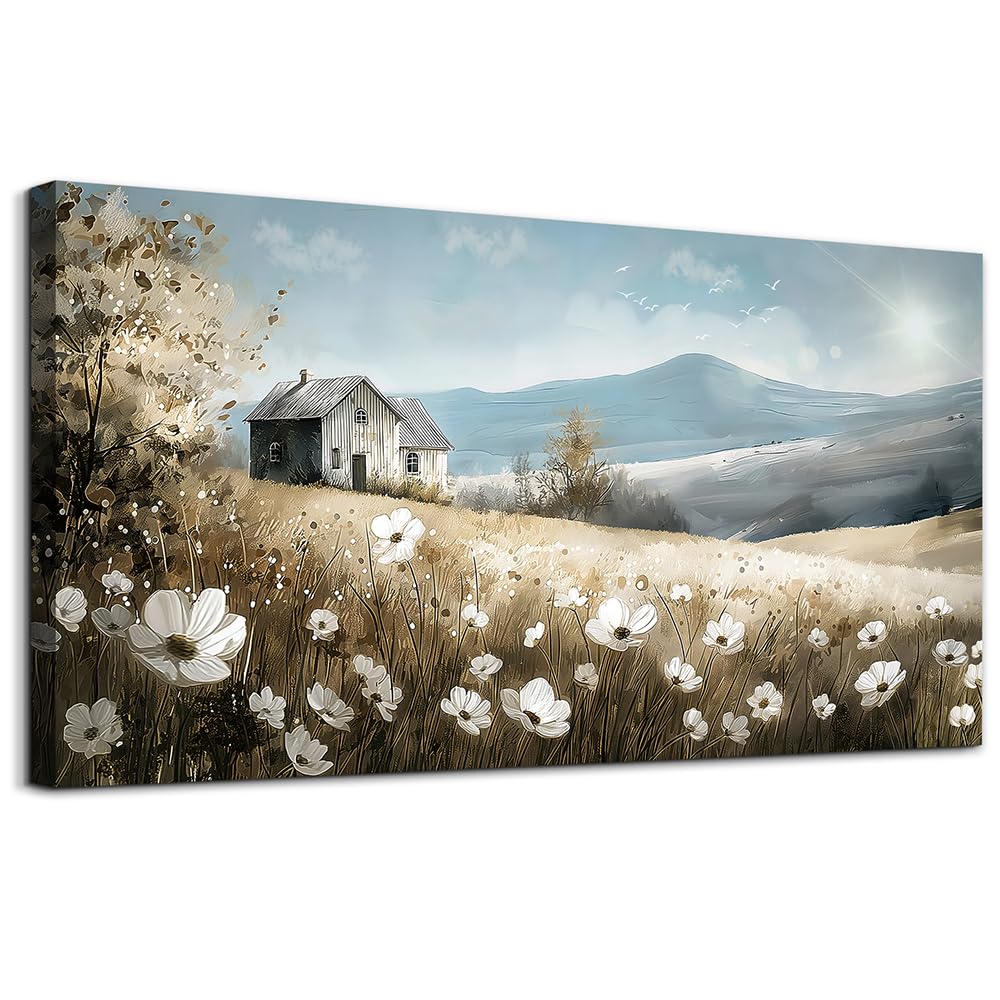 Wapluam Canvas Wall Art For Living Room Large Wall Decor For Bedroom Field Scenery Watercolour Flowers Wall Paintings Office Decorations Old House Pictures Artwork Home Decor Ready To Hang 48L x 24W