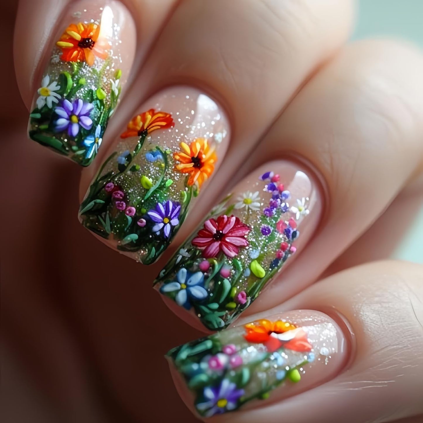 TBRZTR Flower Fake Nails Square Press on Nails Medium Colorful Daisy Pattern Design Spring Flower False Nails Full Cover Artificial Nails Press Nails with Charm Acrylic Glue on Nails for Women