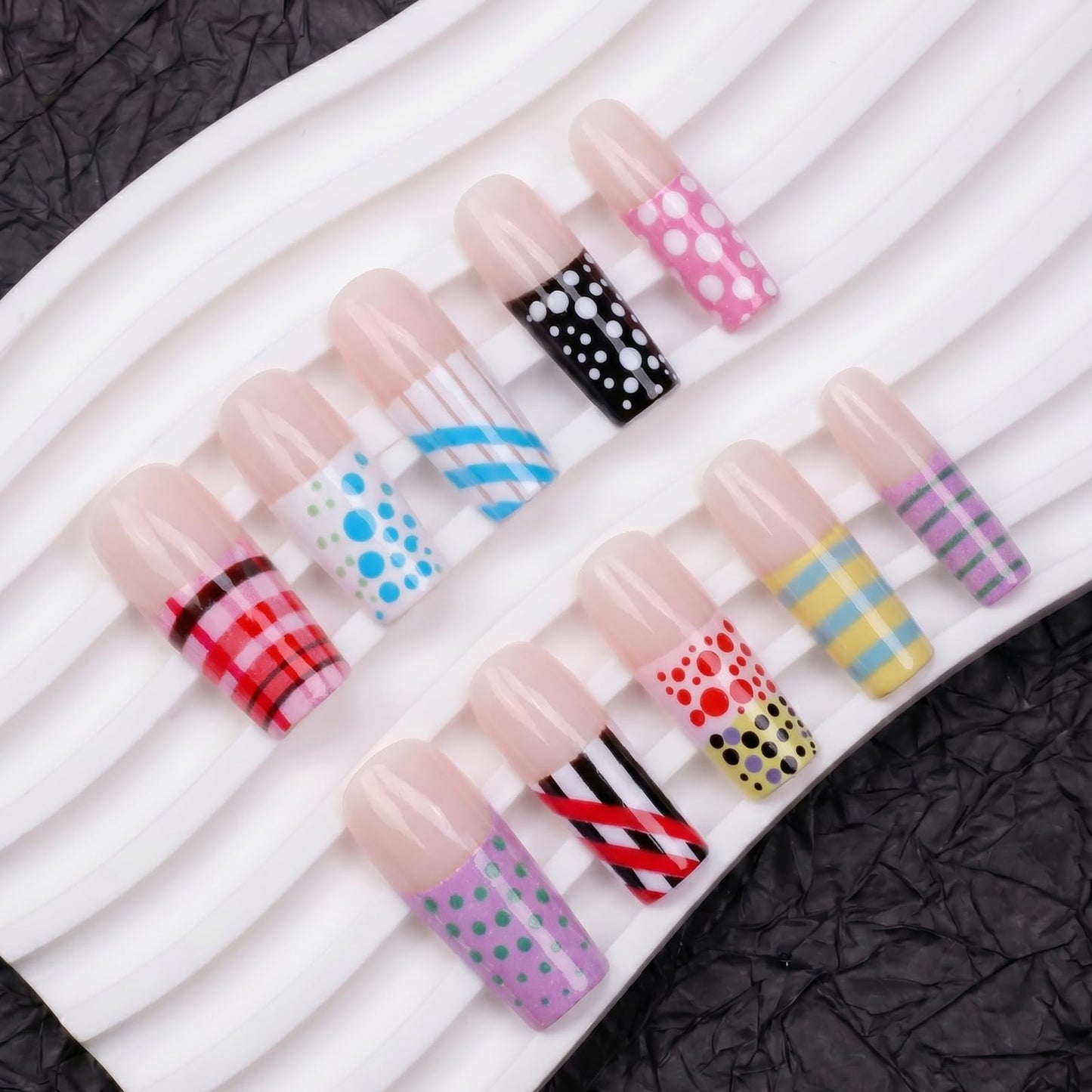 IMSOHOT Square Press on Nails, Long Fake Nails, Colorful Dopamine Polka Dot Stripe, 24 Pcs Reusable Glue on Nails for Women, Salon Quality