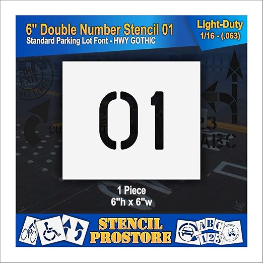 Pavement, Curb, and WheelStop Stencils - 6 inch Double Number Stencil - (01) - 6" x 6" x 1/16" (63 mil) - Light-Duty