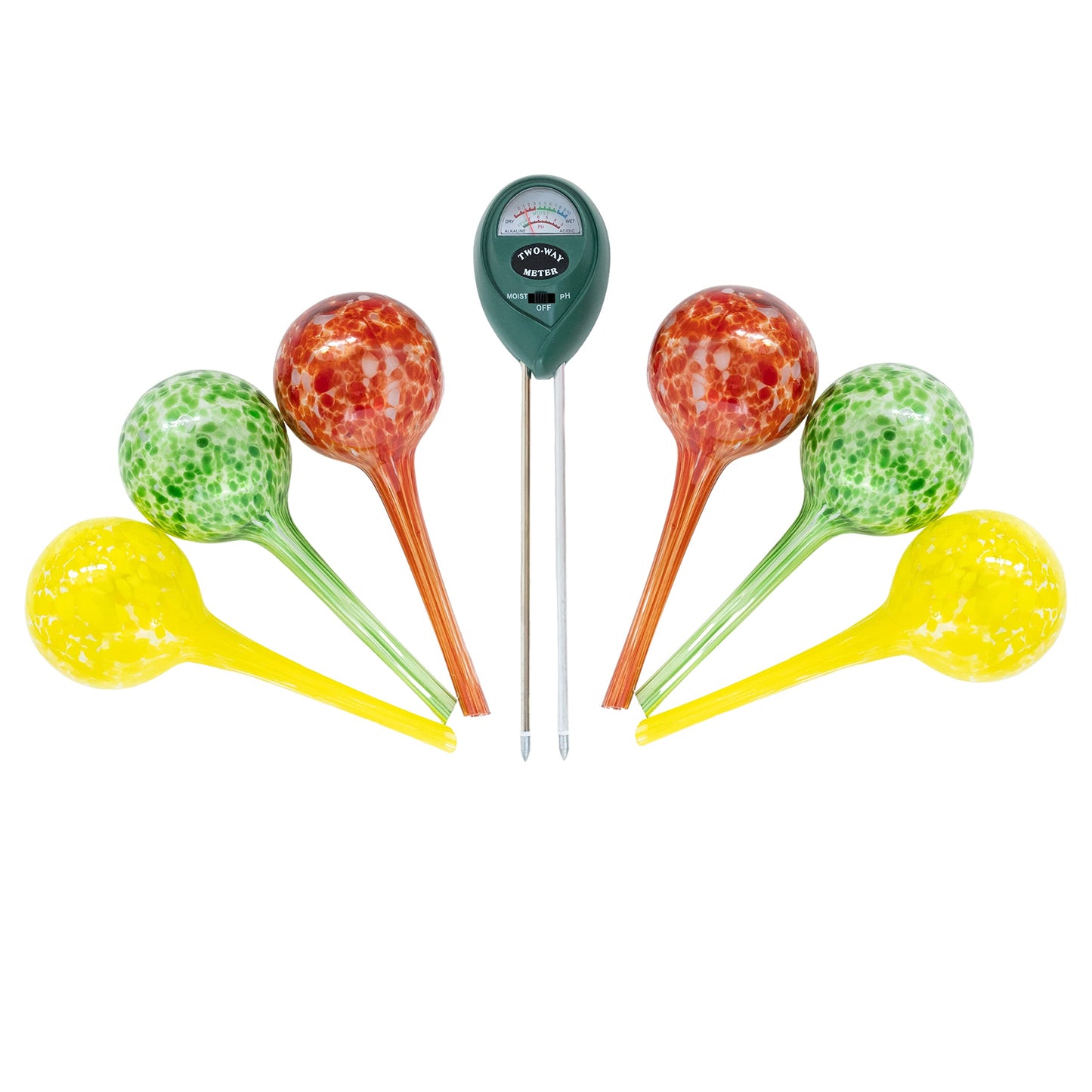 6 Small Plant Watering Globes - Plant Watering Devices - Plant Watering Bulbs - Self Watering Spikes - Hand Blown Glass - Self Watering Planter Insert - Free Moisture Meter - by Cotswold Homeware