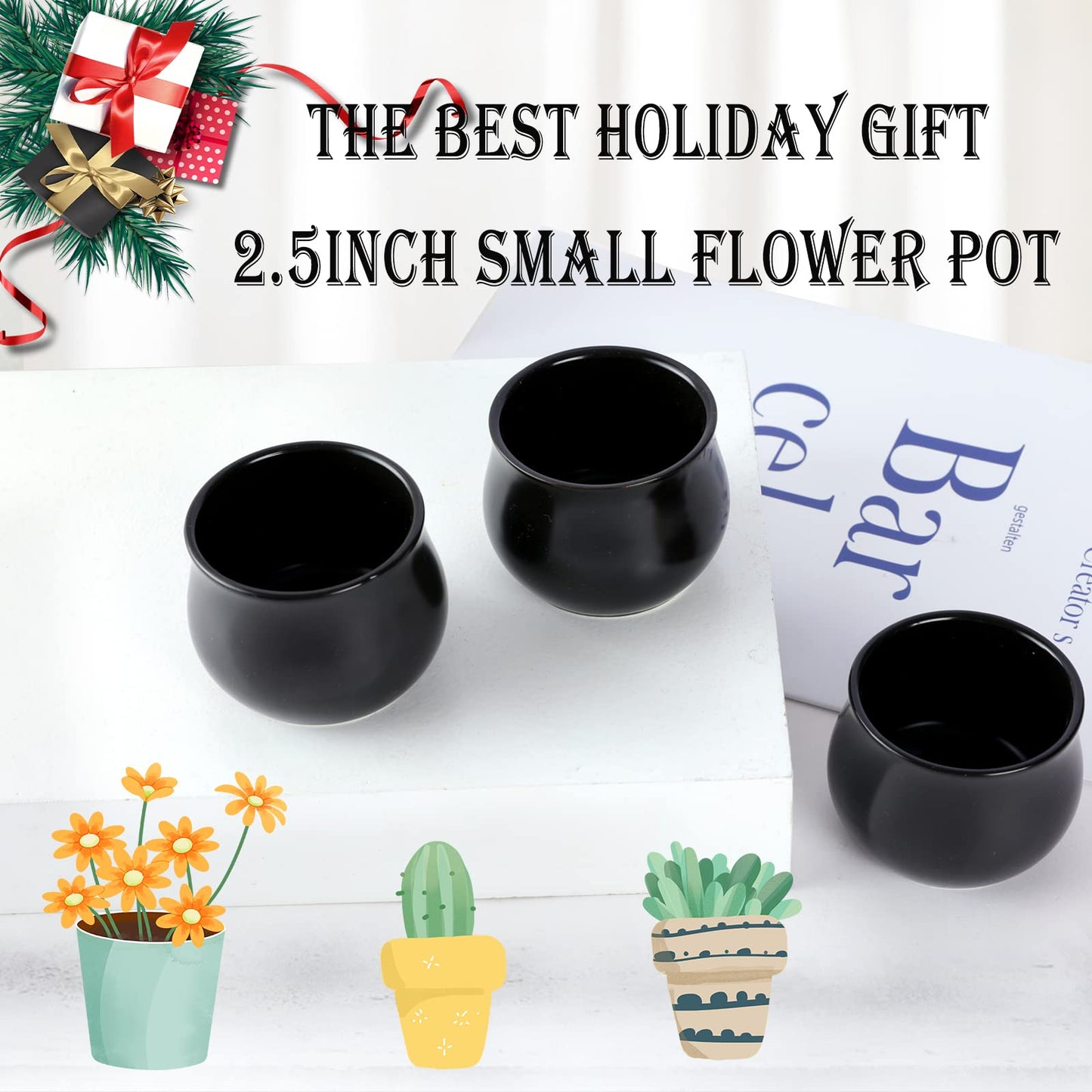 SHECIPIN 8 Pack Succulent Plant Pot, Matte Black Mini 2.6 inch Ceramic Flower Planter Pot with Bamboo Tray, Small Pots for Plants, Plants Not Included