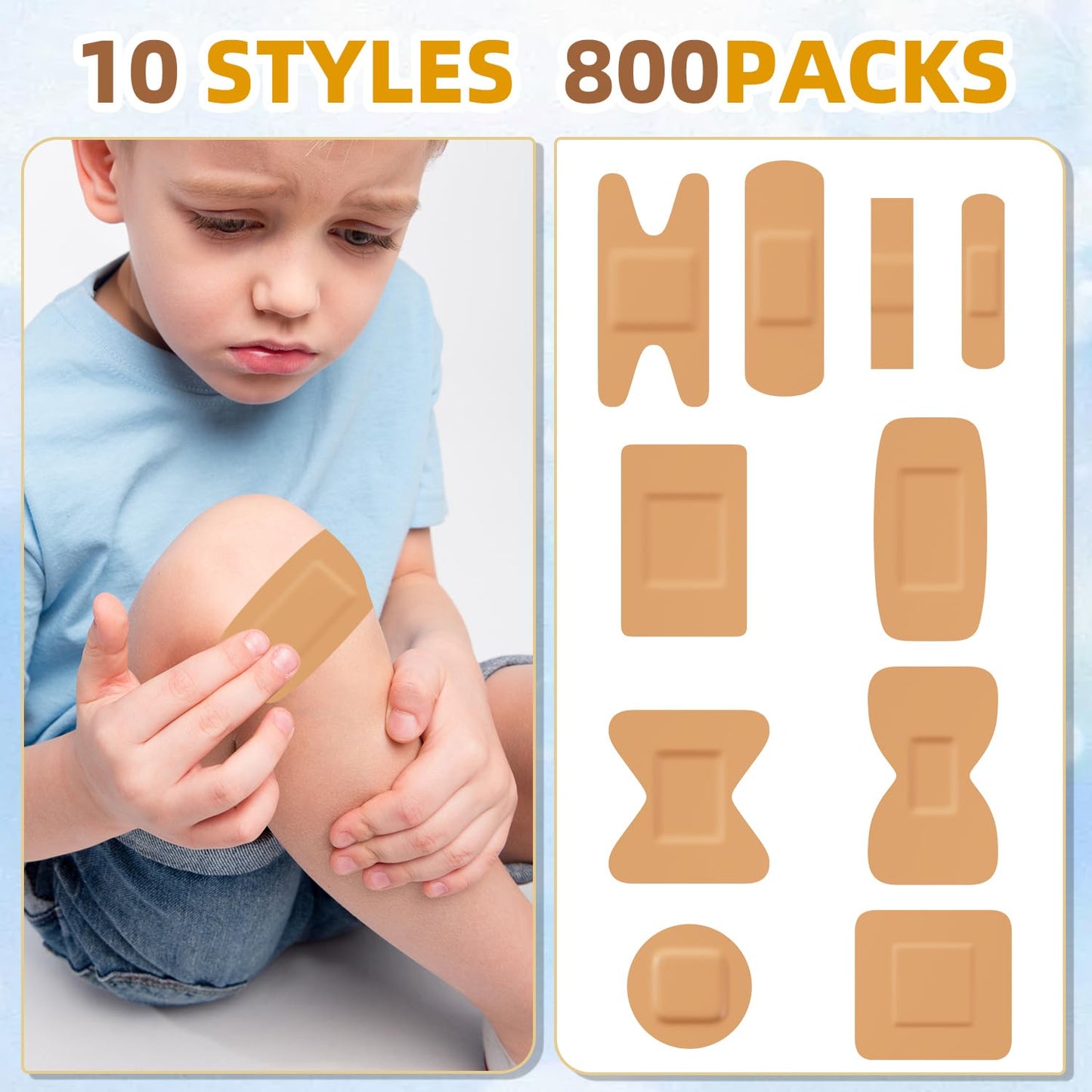 Assorted Bandage Variety Pack - 800 Pcs, FSA-HSA Eligible Waterproof & Breathable Large Adhesive Bandage Bulk Pack for First Aid Supplies and Wound Protection (10 Styles)