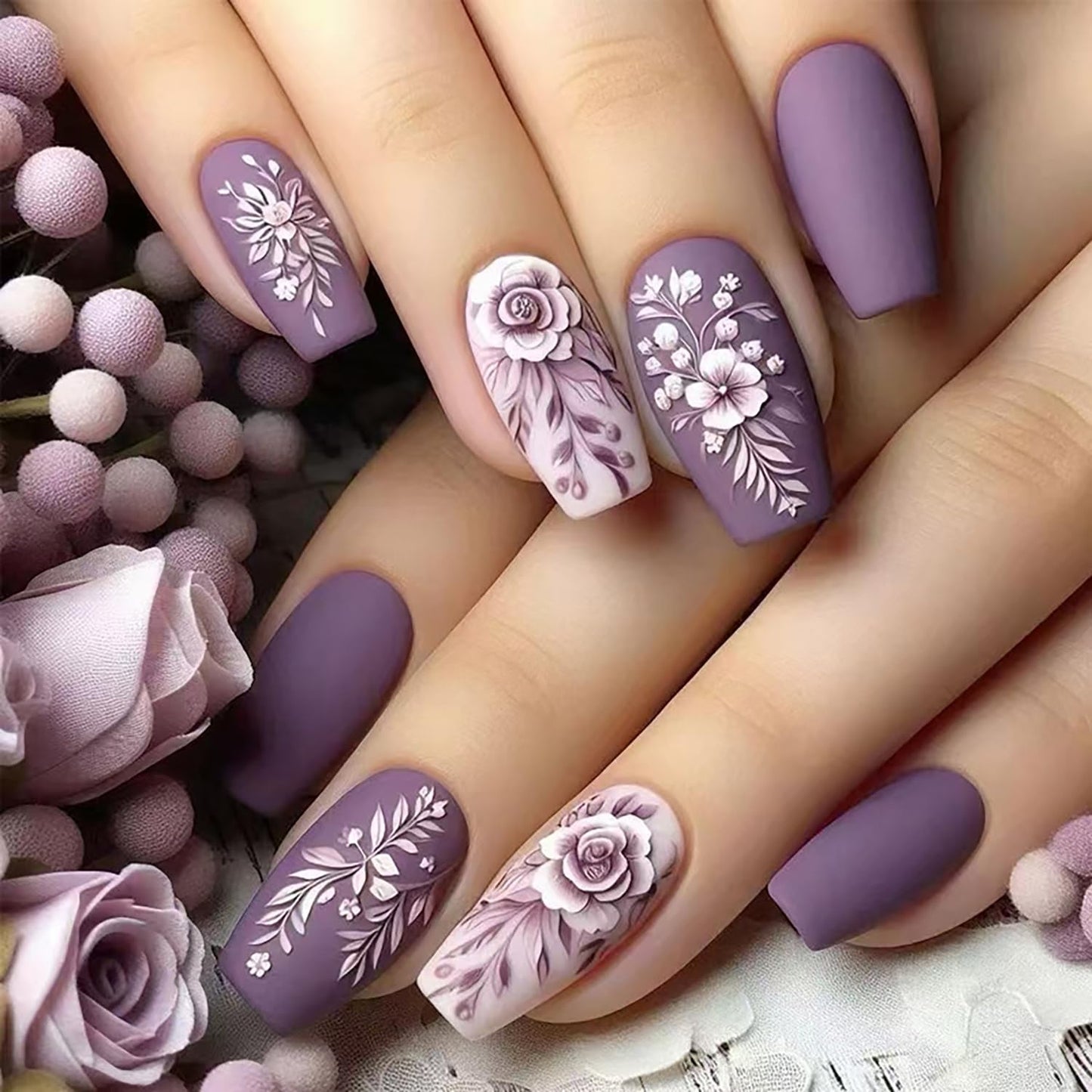 24Pcs Purple Press on Nails Medium Ballet Shaped Flower 3D Pattern Design Full Cover Frosted Acrylic False Nail Press Ons Artificial Fingernails Medium Stick on Nail DIY Glue on Nails for Women