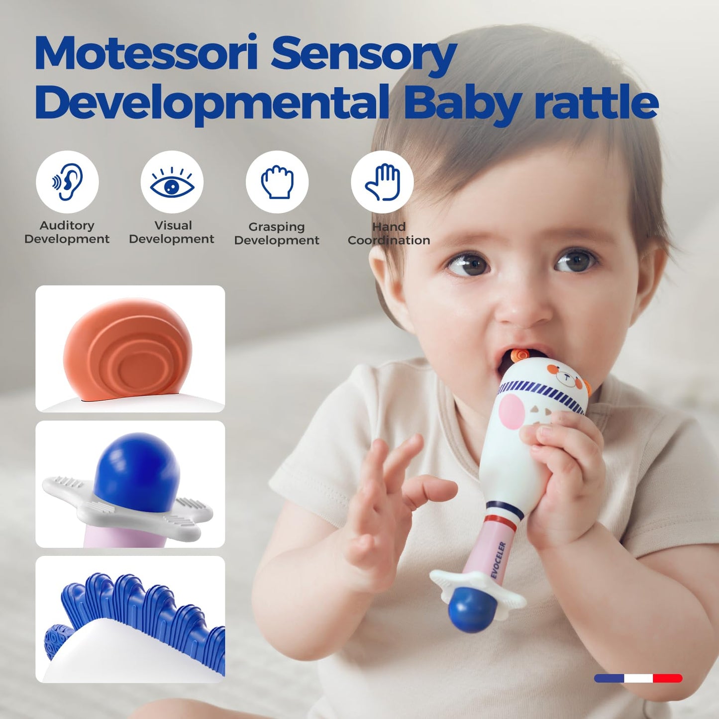 Evoceler Baby Toys, 2 Pac Bear Rattles & Shaker Toys with Teether, Sensory Toys for 0+M Babies, Soft Silicone BPA Free, Perfect Size for Grasp and Shake, Ideal Baby Boy Girl Toy Gift