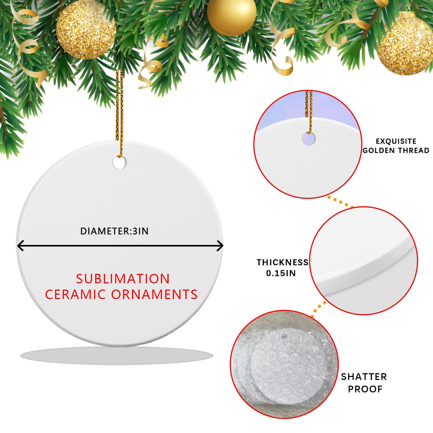 25 PCS Ceramic Sublimation Ornament Blanks Bulk 3 Inch White Round Crafts DIY Personalized Printed Christmas Home Porcelain Paintable Decorate