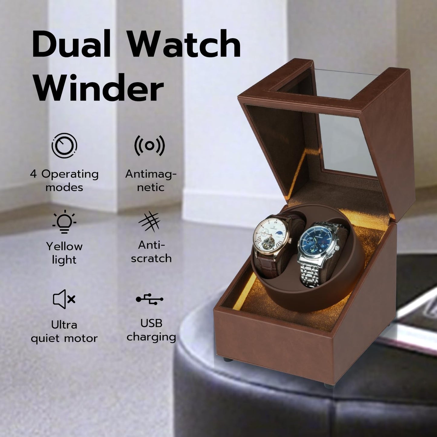 Mcbazel Watch Winder with Led Light, Dual Watch Winder Box for Automatic Watches, Ultra-Quiet Motor, 5 Rotation Modes, Gifts for Men, Beloved, Women - Brown
