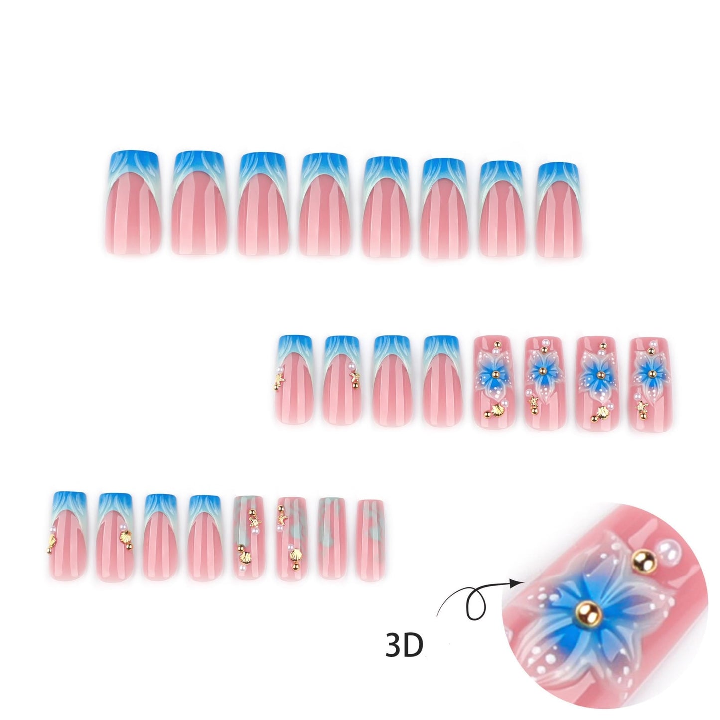 Long Press on Nails Square Fake Nails Blue Acrylic Nail Press ons Seeneey 3D Flowers and Gold Charm Designs Cute Sparkly Beach Stick on Nail for Women 24pcs