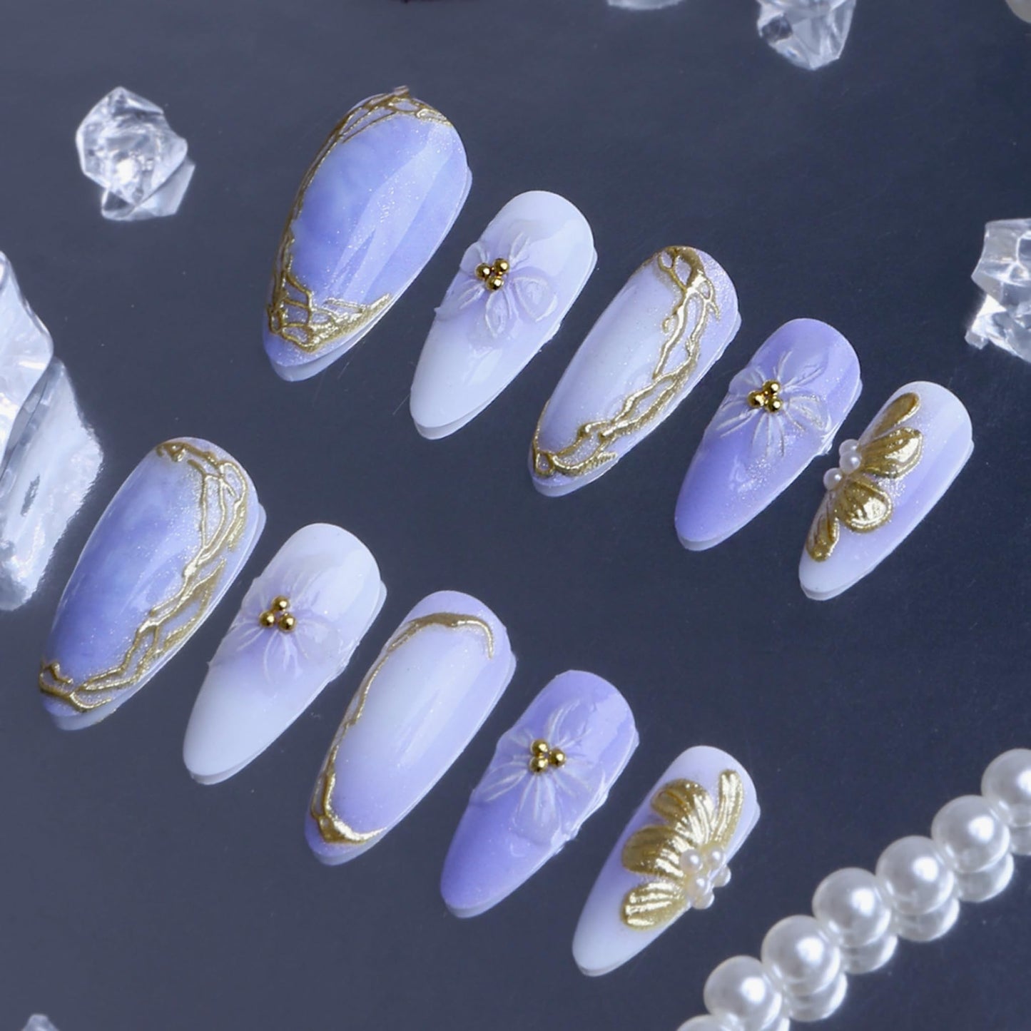 Almond Press on Nails Long Fake Nails Seeneey Purple Artificial Nail White Gold Charm Flowers Stick on Nail for Women 24pcs