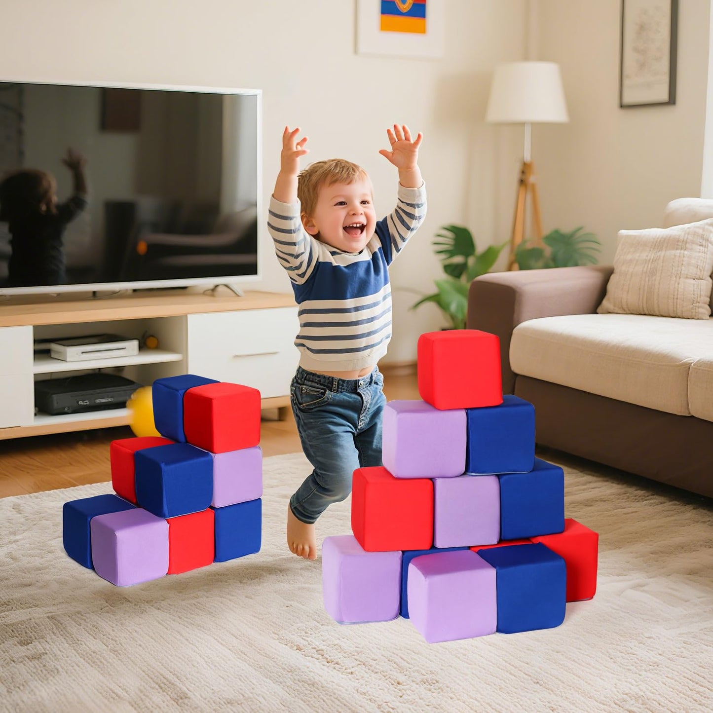 COZYTRAUM 12-Pack 5 Inch Foam Cubes, Soft Play Pit Fillers for Indoor Games, Trampoline & Rock Climbing Mats - 3 Colors (Blue/Red/Purple)...