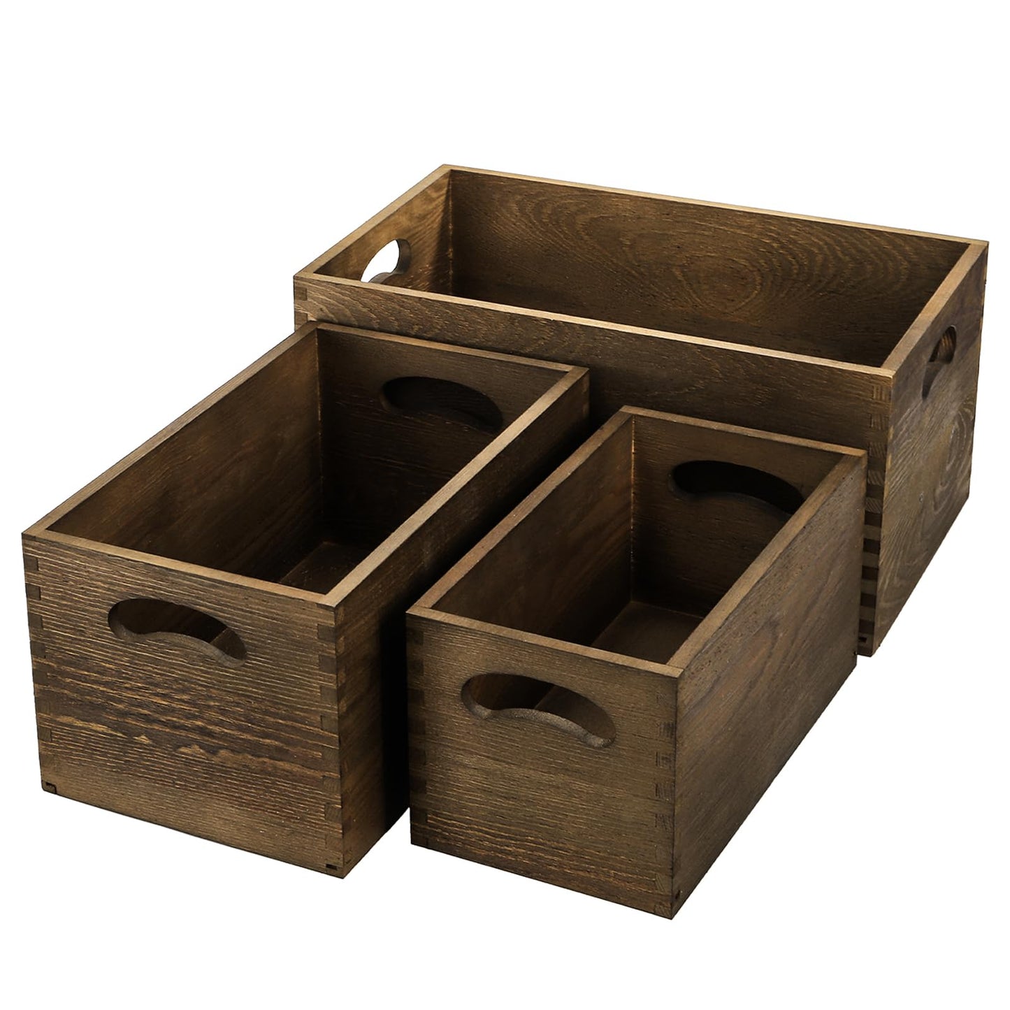 Hedume Set of 3 Nesting Wooden Crates, Wood Crate Box with Handle, Rustic Brown Decorative Wood Storage Crates Container, Stackable Cube Basket Bins Organizer for Home, Office, Closet, Shelf