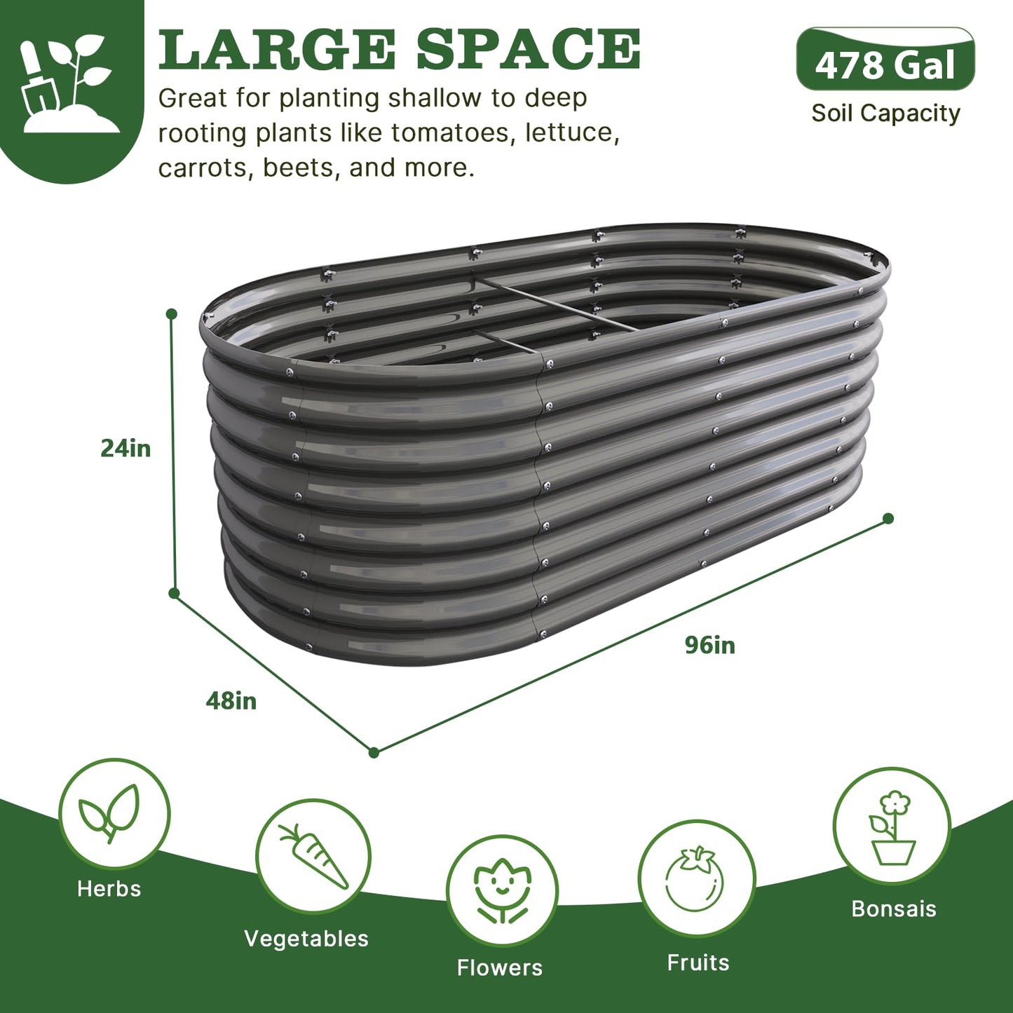 A ANLEOLIFE 8x4x2ft Galvanized Raised Garden Bed Kit, Oval Metal Deep Root Planters for Outdoor Plants Vegetables Flowers Herb, Large Bottomless, 478 Gallon Capacity- Quartz Grey