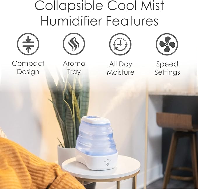 Crane Collapsible Cool Mist Humidifier for Bedroom and Office, 1 Gallon Portable Humidifier for Travel and Easy Storage, Blue and White