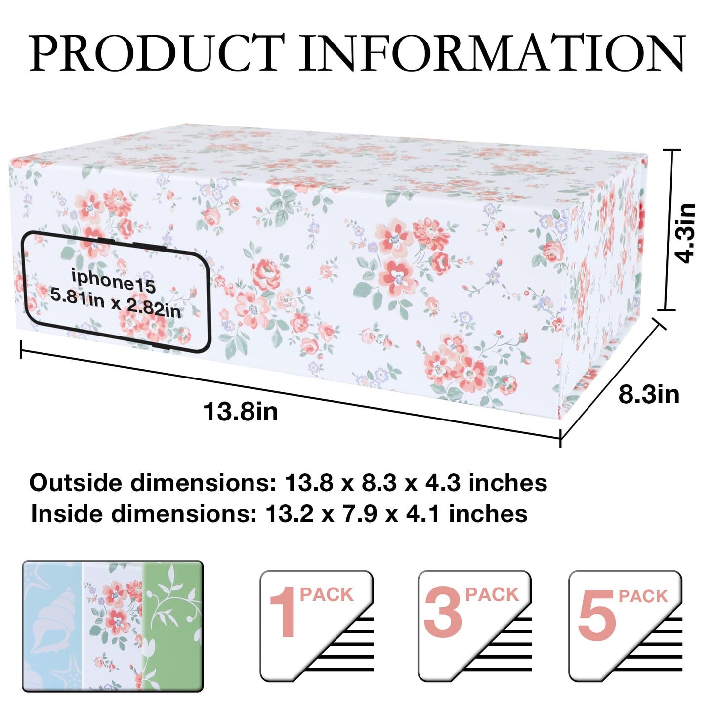 LFBOX Rose Floral Gift Box with Magnetic Lids 13.8x8.3x4.4 in, Large Bridesmaid Proposal Boxes, Rectangle Wedding Decorative Storage Box 3 Pack